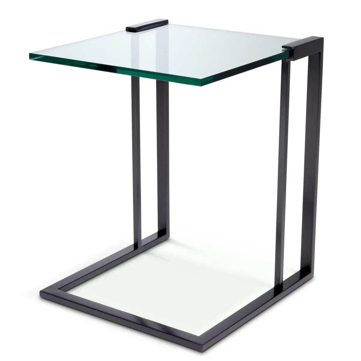 Luxuriöser quadratischer rahmenloser Beistelltisch mit klarem Glasplatte und gebürsteter Messing-/Bronze-Oberfläche von