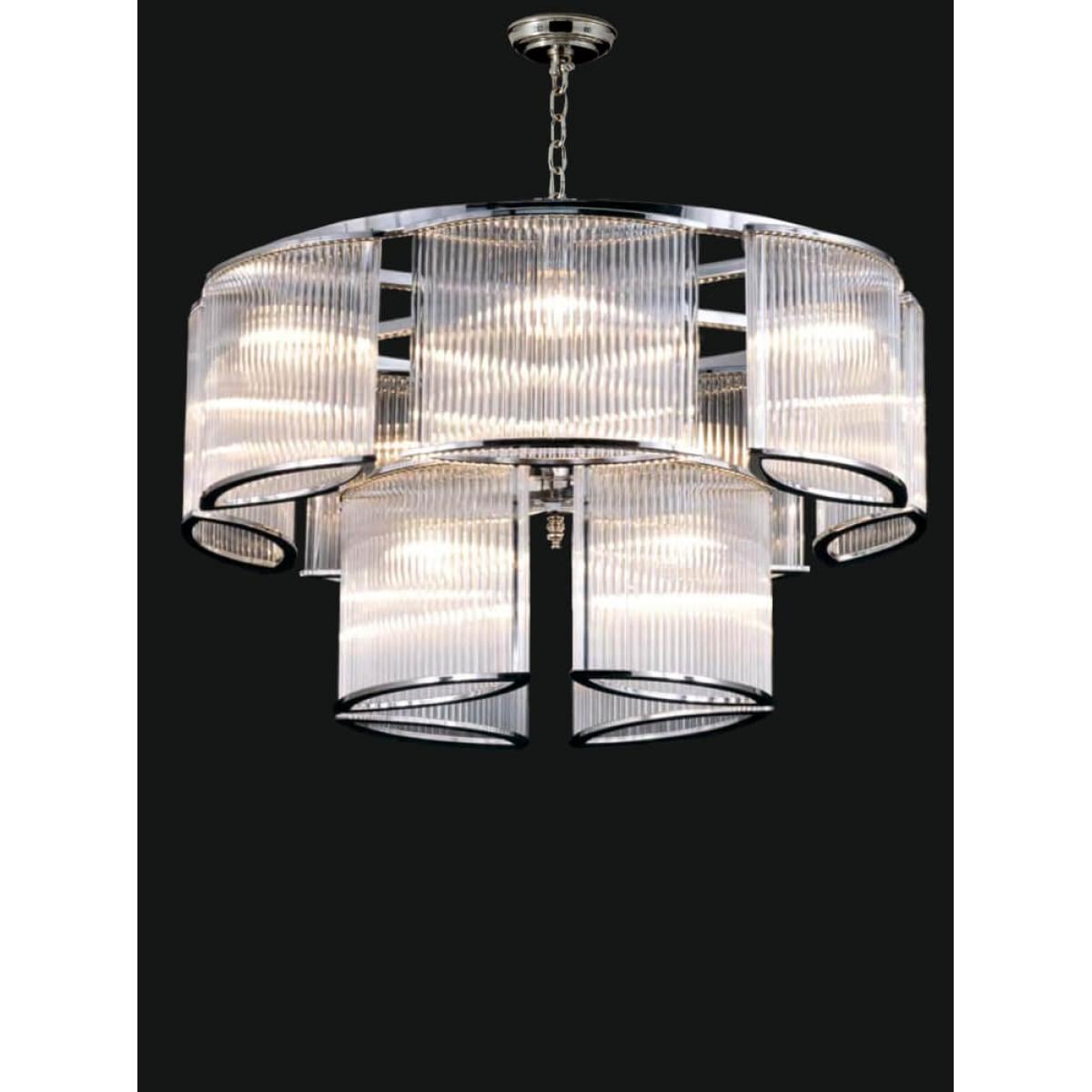 Luxury Modern Art Deco Multi-Tier Ribbed Glass Drum Chandelier with Chrome / Golden Frame by Luxury Group International