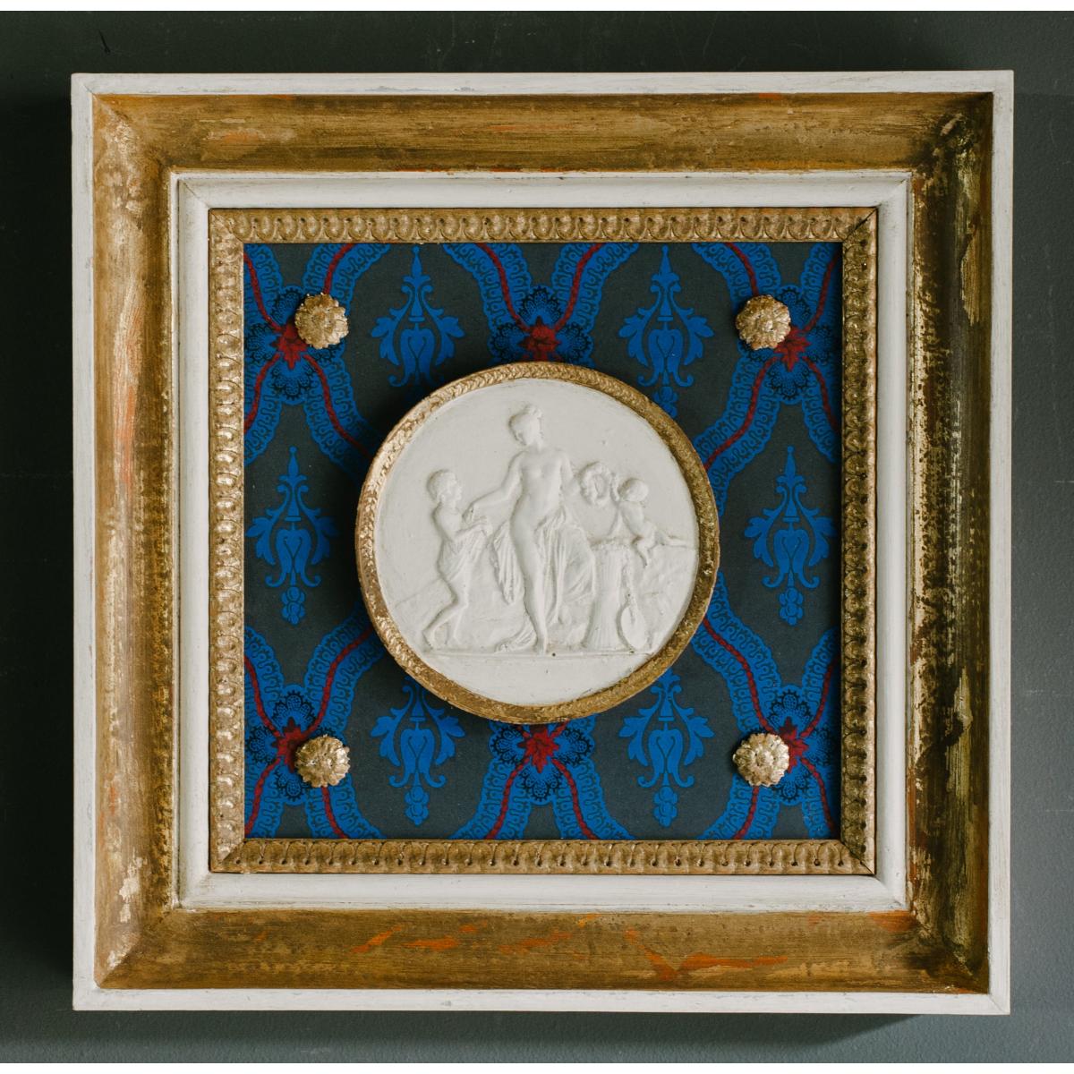 Blue & White Luxury Floral Medallion Wall Art with Botanical Textile and Antique Gold Frame by Luxury Group International
