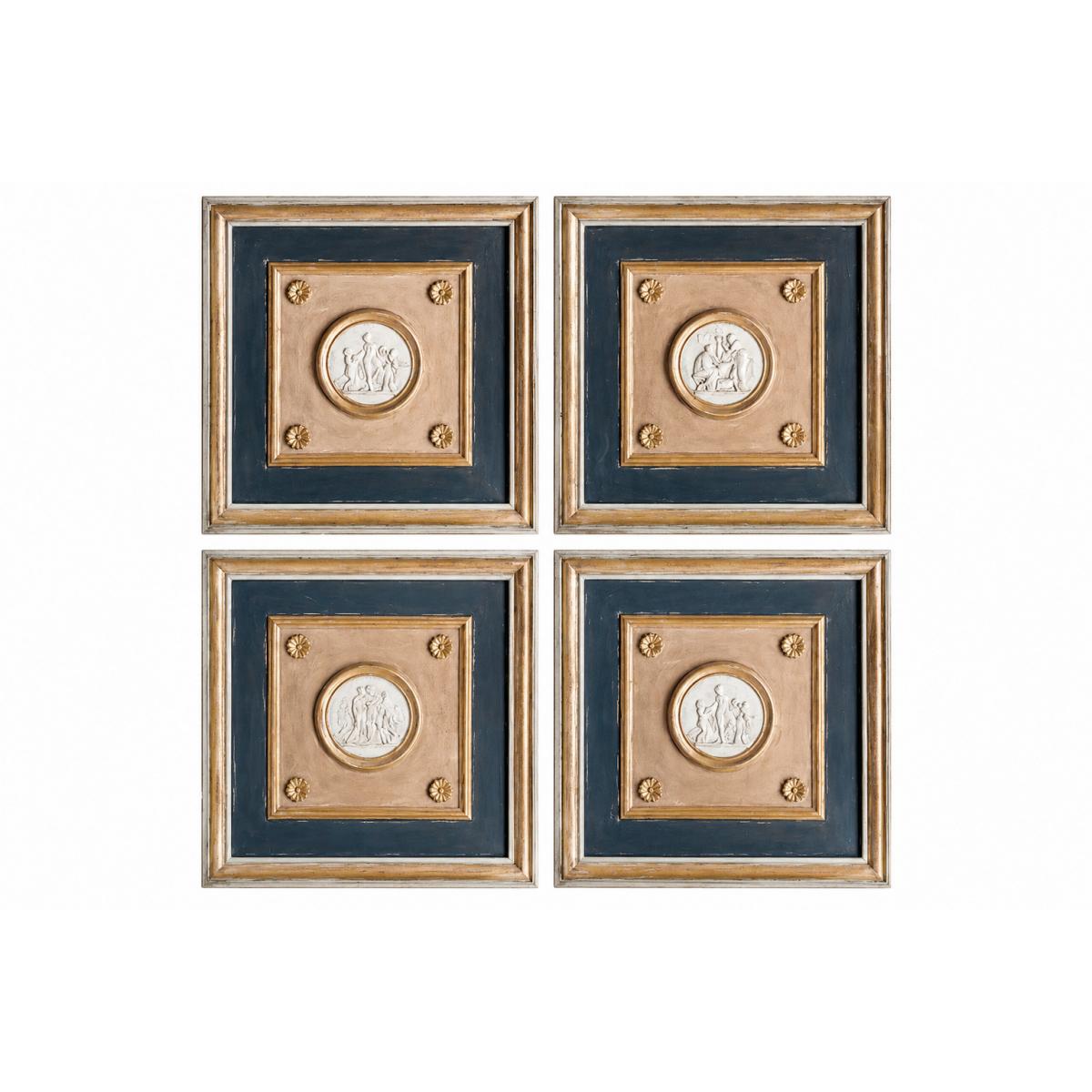 Blau & gold Klassisches Medaillon Luxus Wandkunst Set aus 4 mit antikem Reliefdesign von Luxury Group International