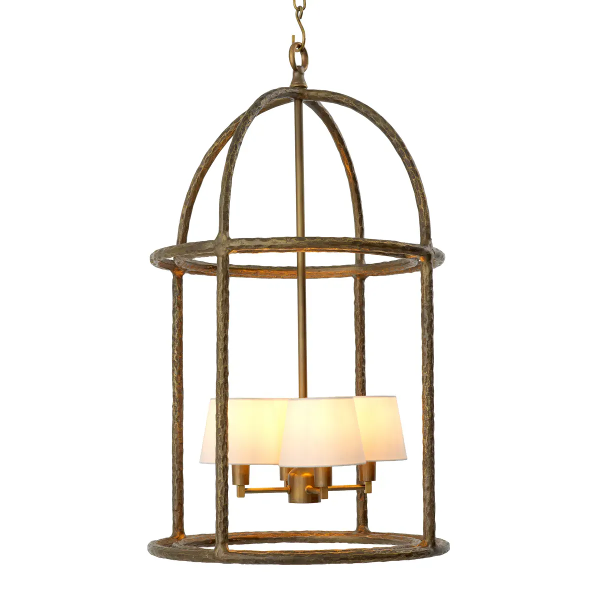 Luxury Chandelier in Vintage Brass with Birdcage Frame & 4 White Shades by Luxury Group International