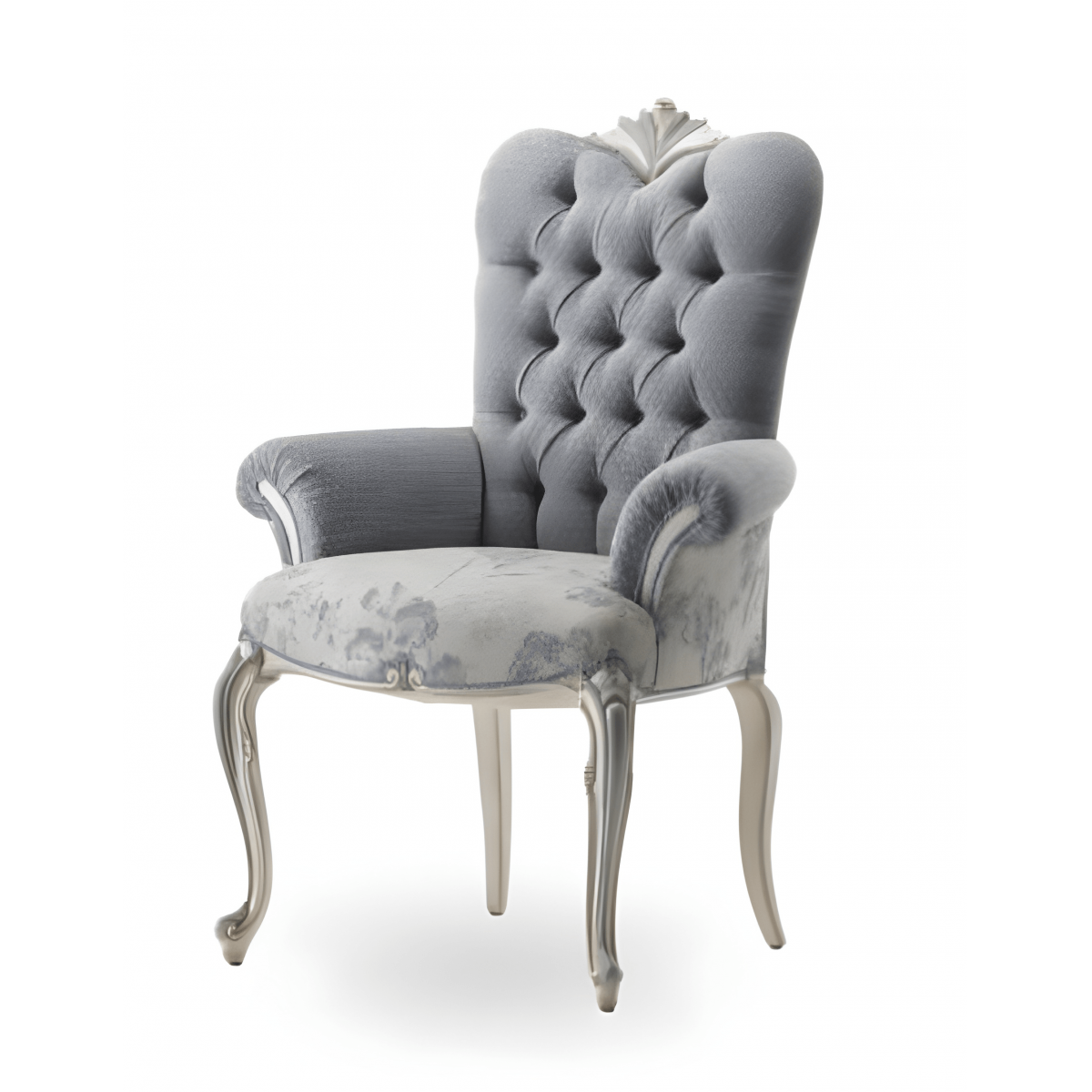 Fauteuil de Salle à Manger de Luxe Baroque à Dossier Couronne Capitonné avec Boutons, Tissu Gris et Structure Métallique Argentée Vue de face par Luxury Group International