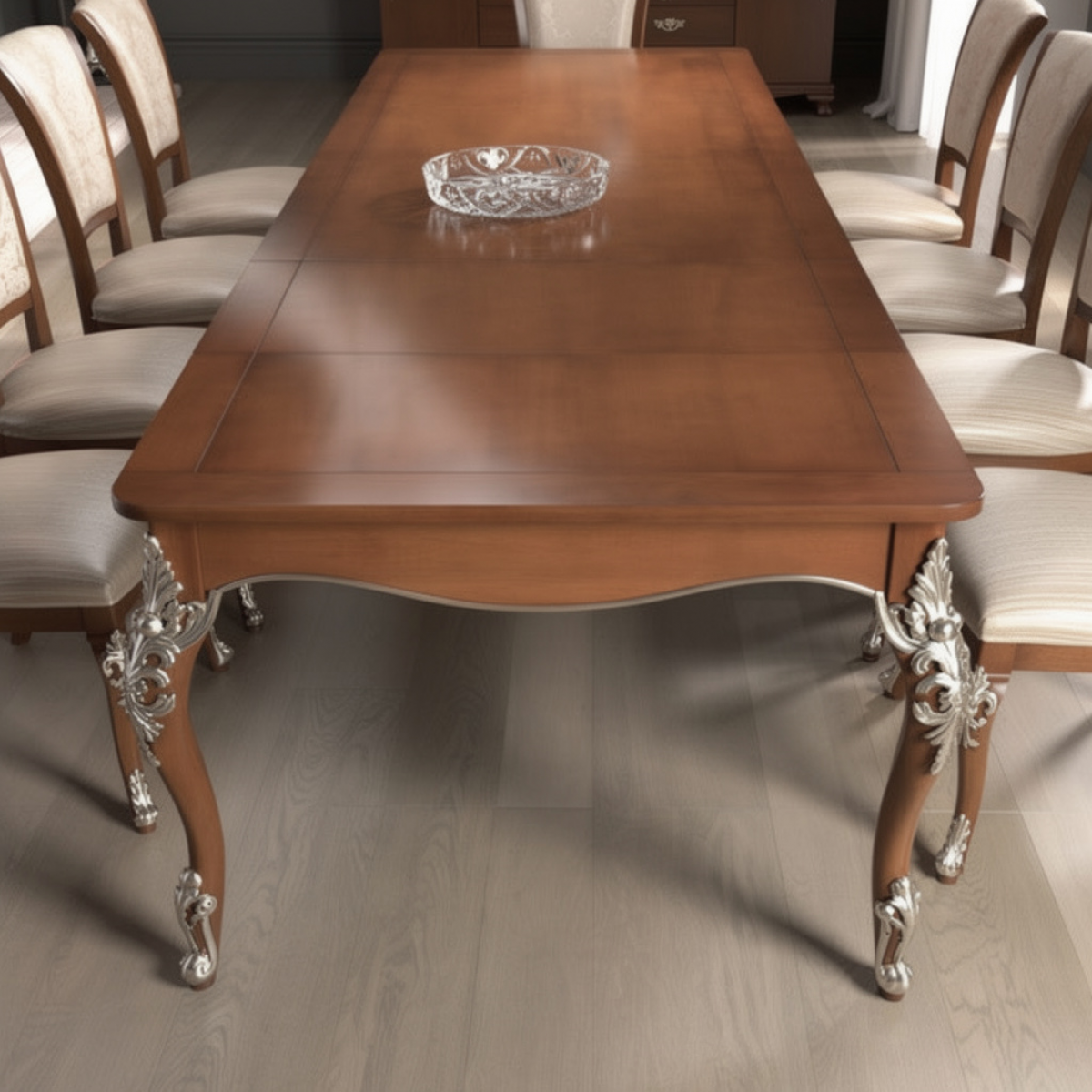 Baroque Carved Wooden Dining Table with Silver Leaf Leg Detailing - 201 CM - Luxury Dining Room Furniture Front View by Luxury Group International