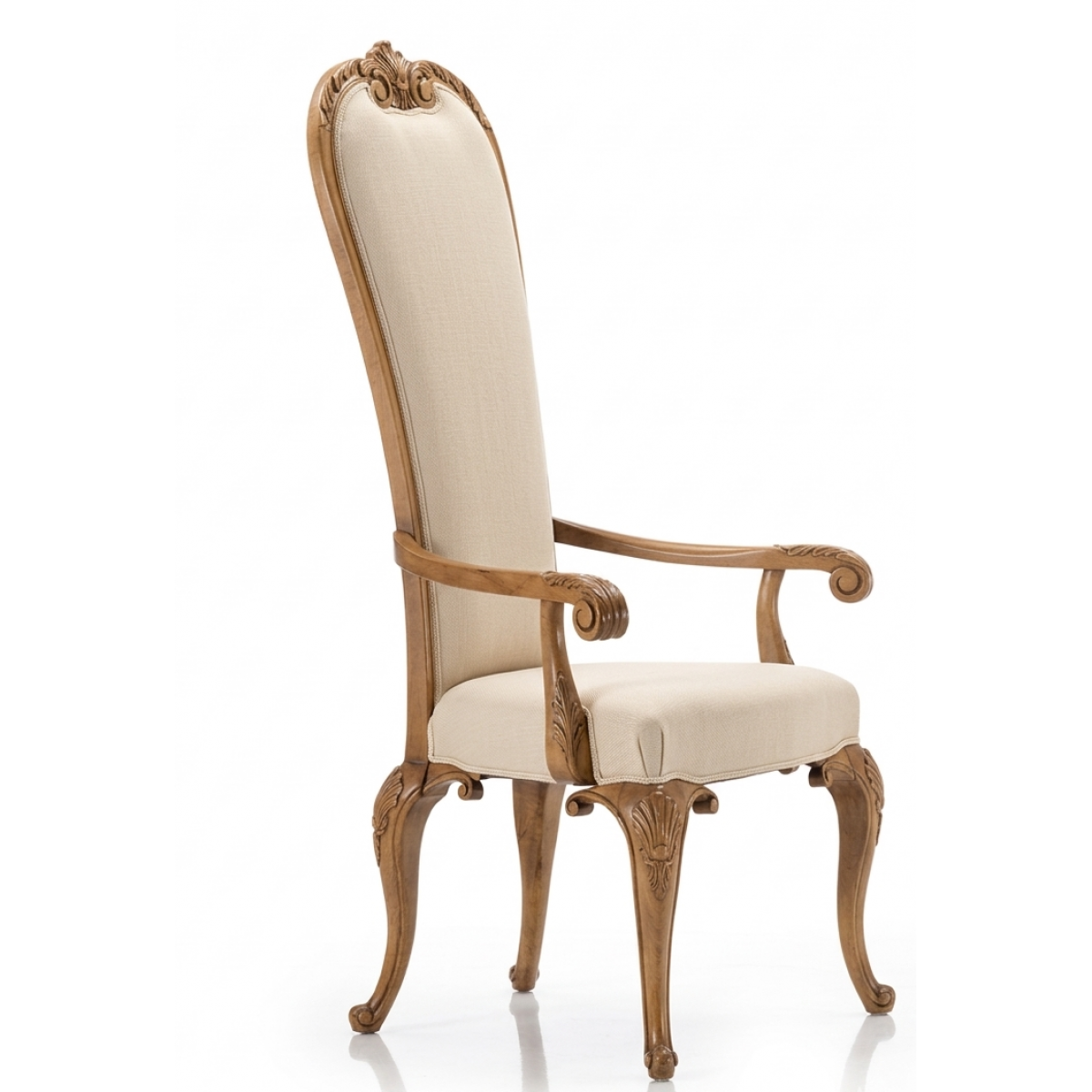 Baroque High-Back Luxury Wooden Dining Armchair with Cream Upholstery & Carved Frame Front View by Luxury Group International