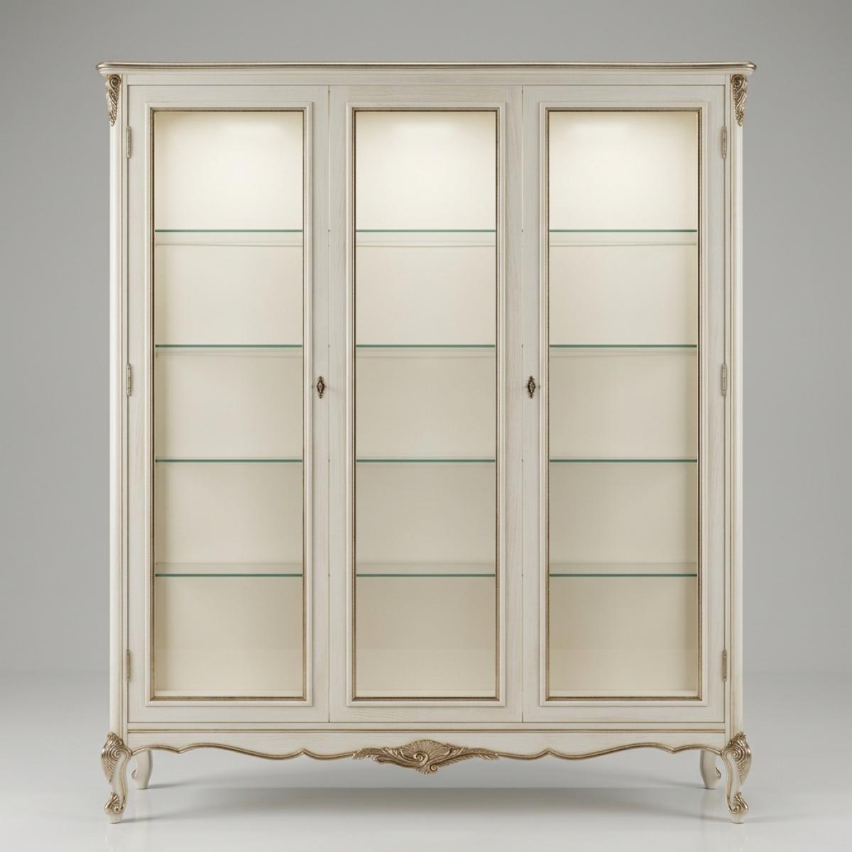 Baroque Ivory Luxury Display Cabinet with Triple Panel Glass Doors & Sculpted Cabriole Base - Baroque Furniture Front View by Luxury Group International
