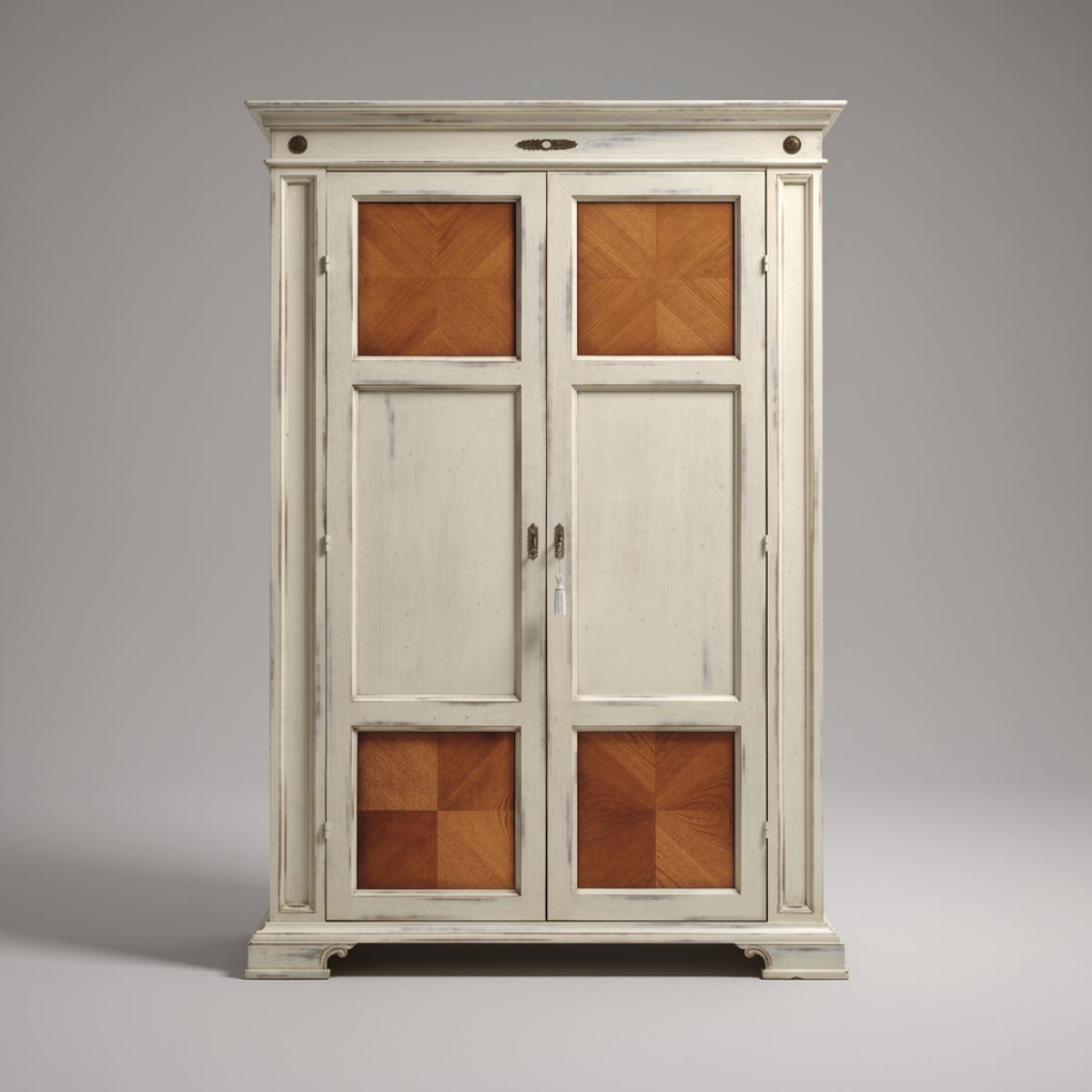 Barock Elfenbein Luxus Doppeltür Regal-Schrank mit Eichen Fischgrät Intarsien - Barock Möbel Vorderansicht von Luxury Group International