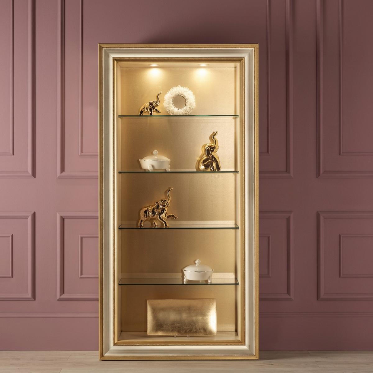Baroque Ivory Luxury Glass Display Cabinet with Lights in Gold Finish - Baroque Furniture Front View by Luxury Group International