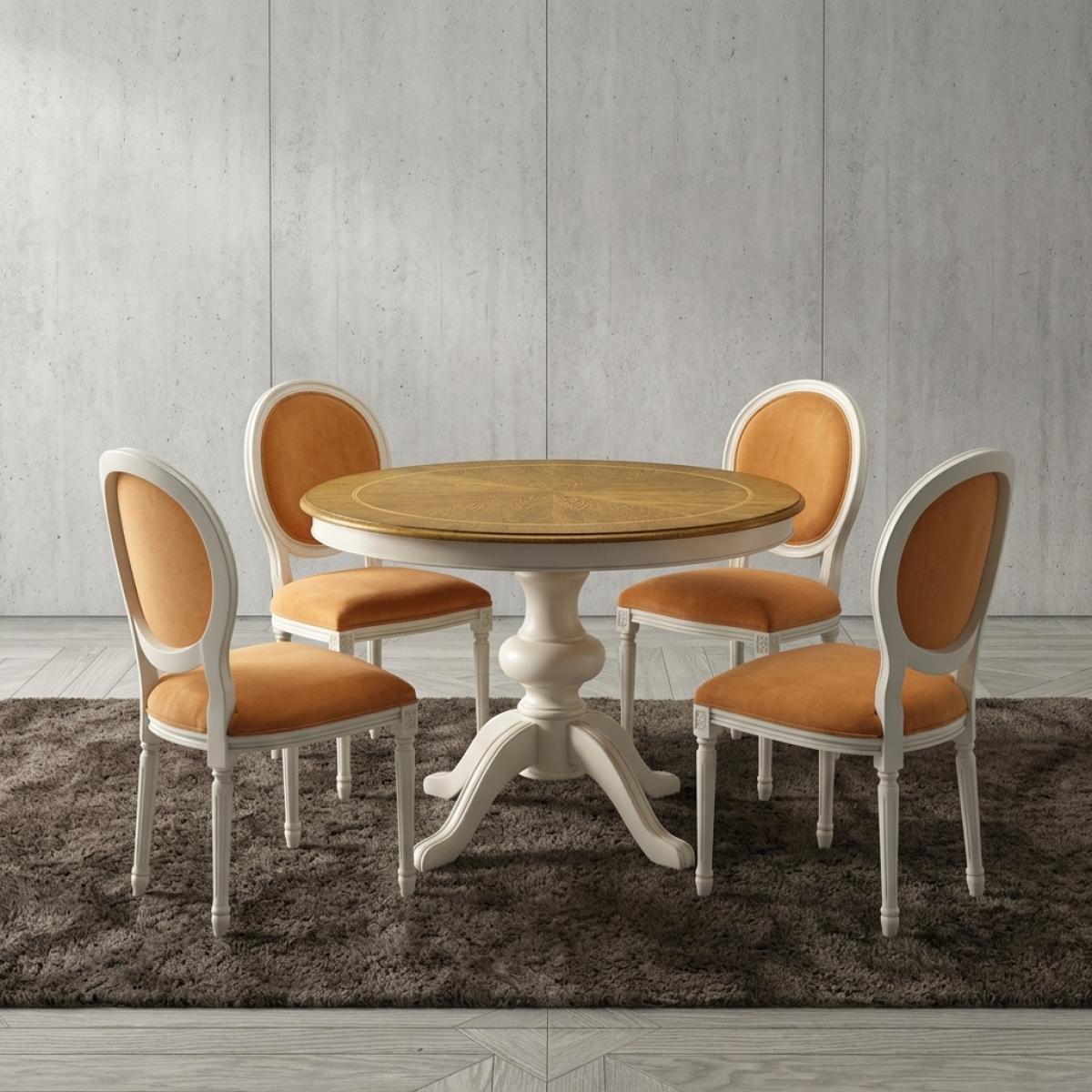Baroque Luxury Dining Room Set - 1 Extendable Round Table & 6 Chairs in Ivory/Oak/Orange Finish Front View by Luxury Group International