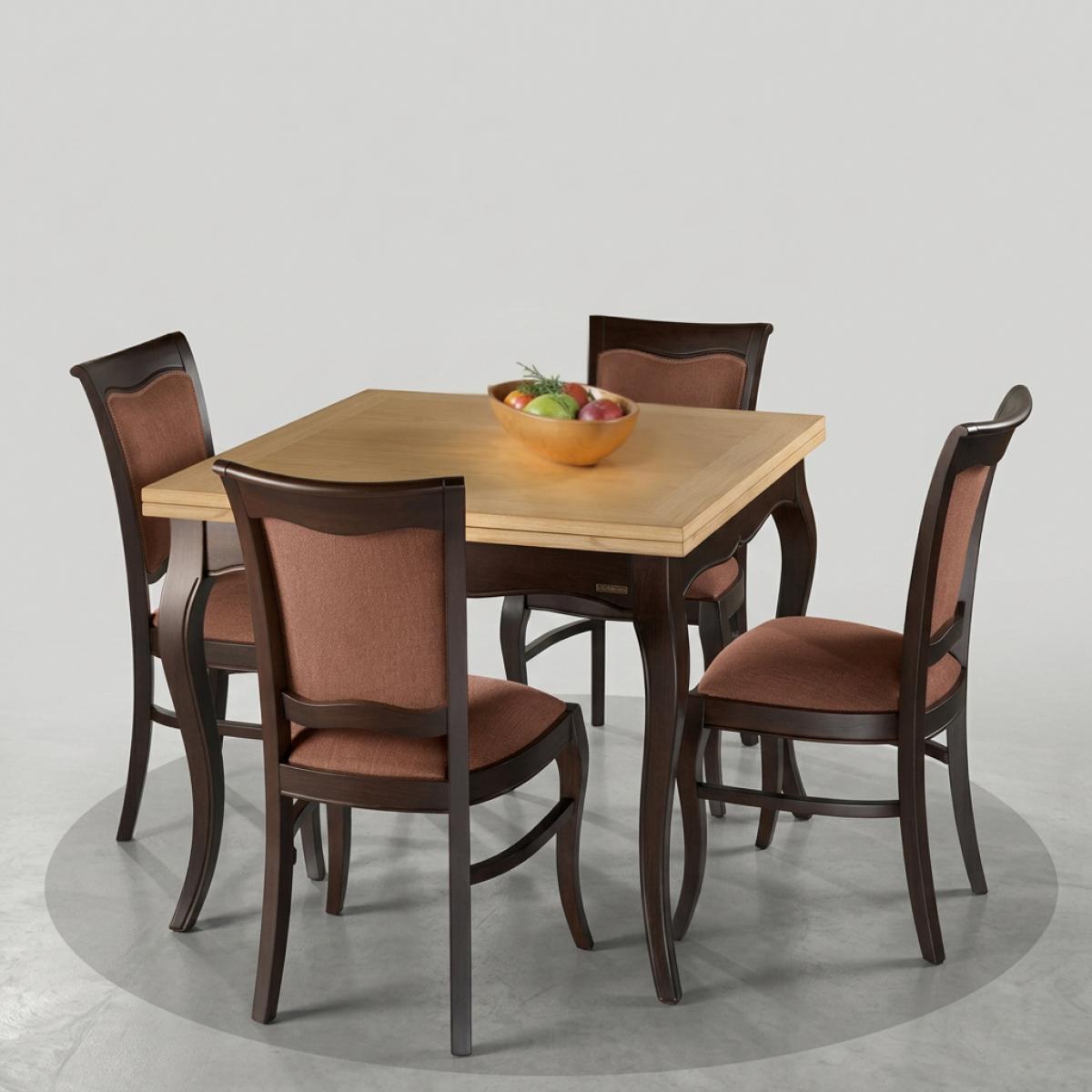 Barock Luxus Esszimmer-Set aus dunkel poliertem Holz – 1 quadratischer Tisch & 4 Esszimmerstühle – Barock Esszimmer-Set Vorderansicht von Luxury Group International