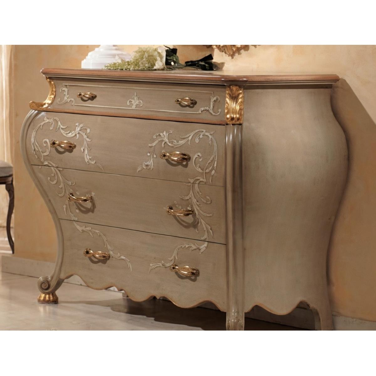 Baroque Luxury Dresser in Beige Finish with Decorative Floral Motifs & Curved Multi Drawers in Gold Accent Front View by Luxury Group International