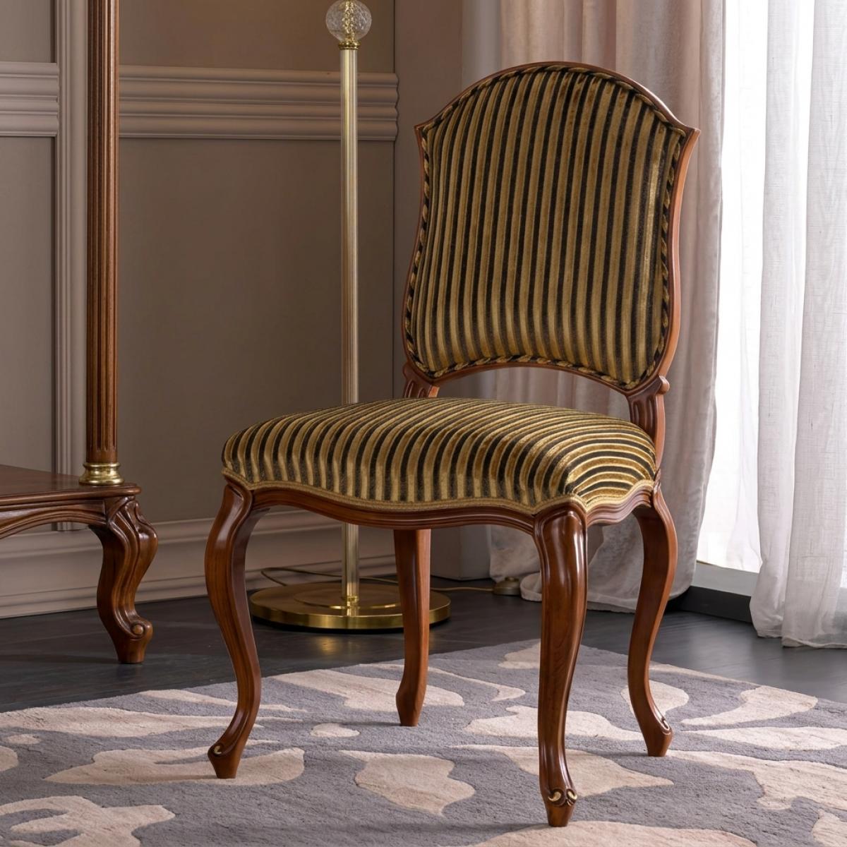 Baroque Luxury Upholstered Wooden Dining Chair with Striped Fabric Seat in Curved Frame - Baroque Furniture Front View by Luxury Group International