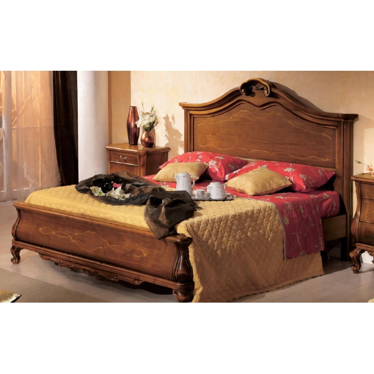 Baroque Luxury Wooden Double Bed with Gold Floral Inlay Panel & Sculpted Crown with Curved Legs Front View by Luxury Group International