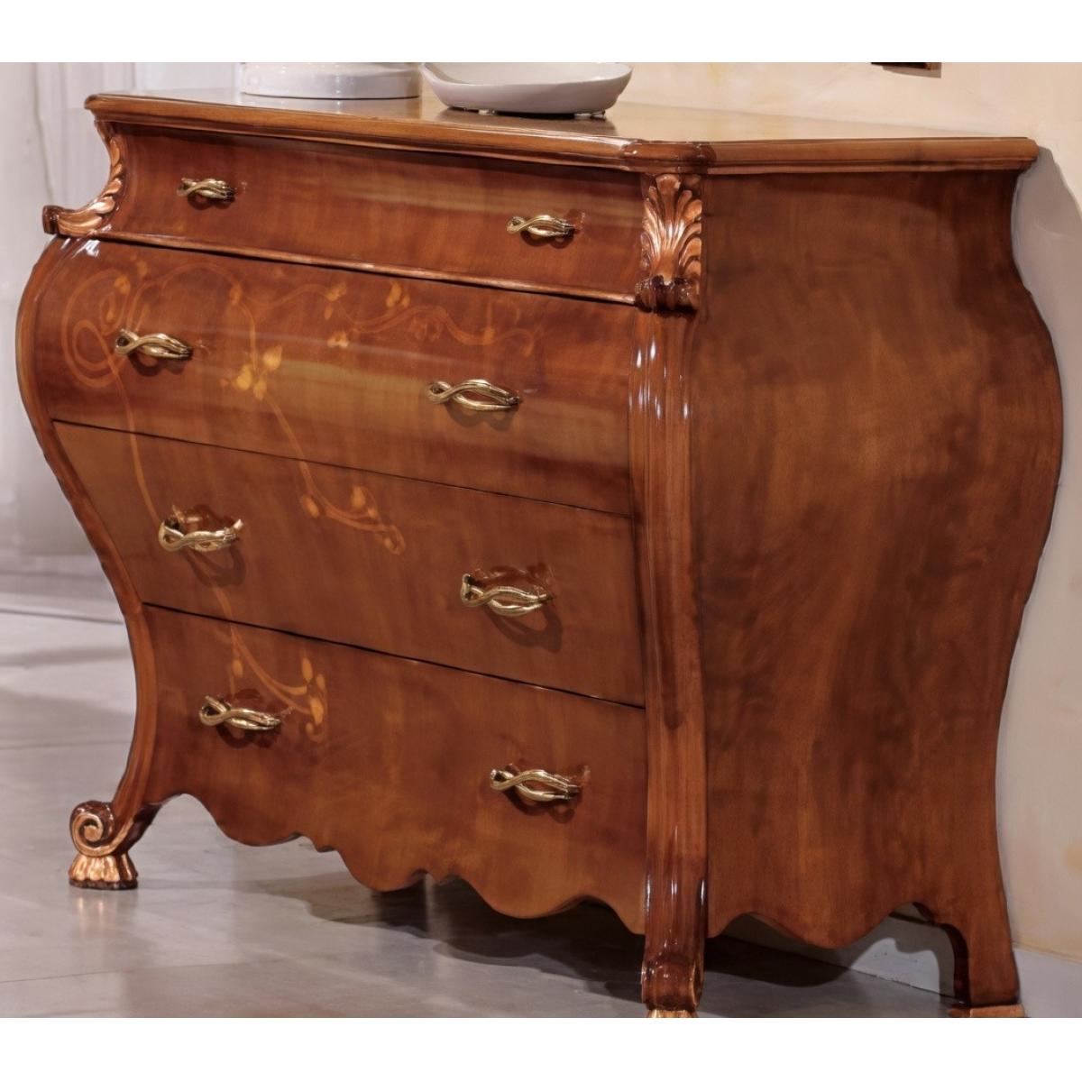Baroque Luxury Wooden Dresser in Polished Walnut Finish with Floral Motif & Curved Multi Storage Drawers Front View by Luxury Group International