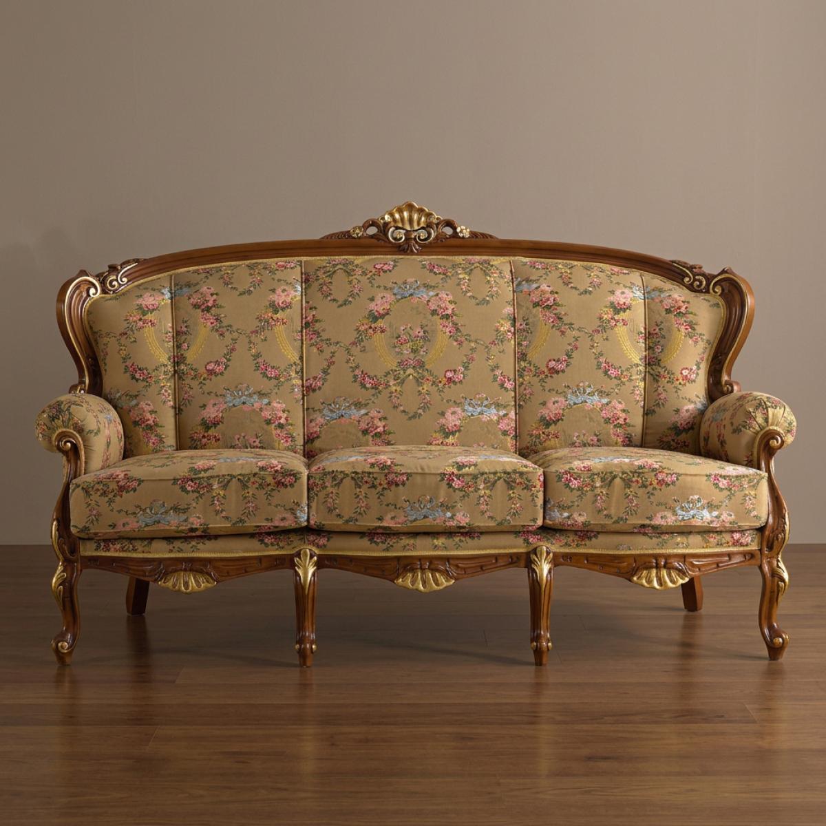 Barock Luxus Holzsofa mit Blumenmuster und Verzierter Krone in Goldakzent – Barockmöbel Vorderansicht von Luxury Group International