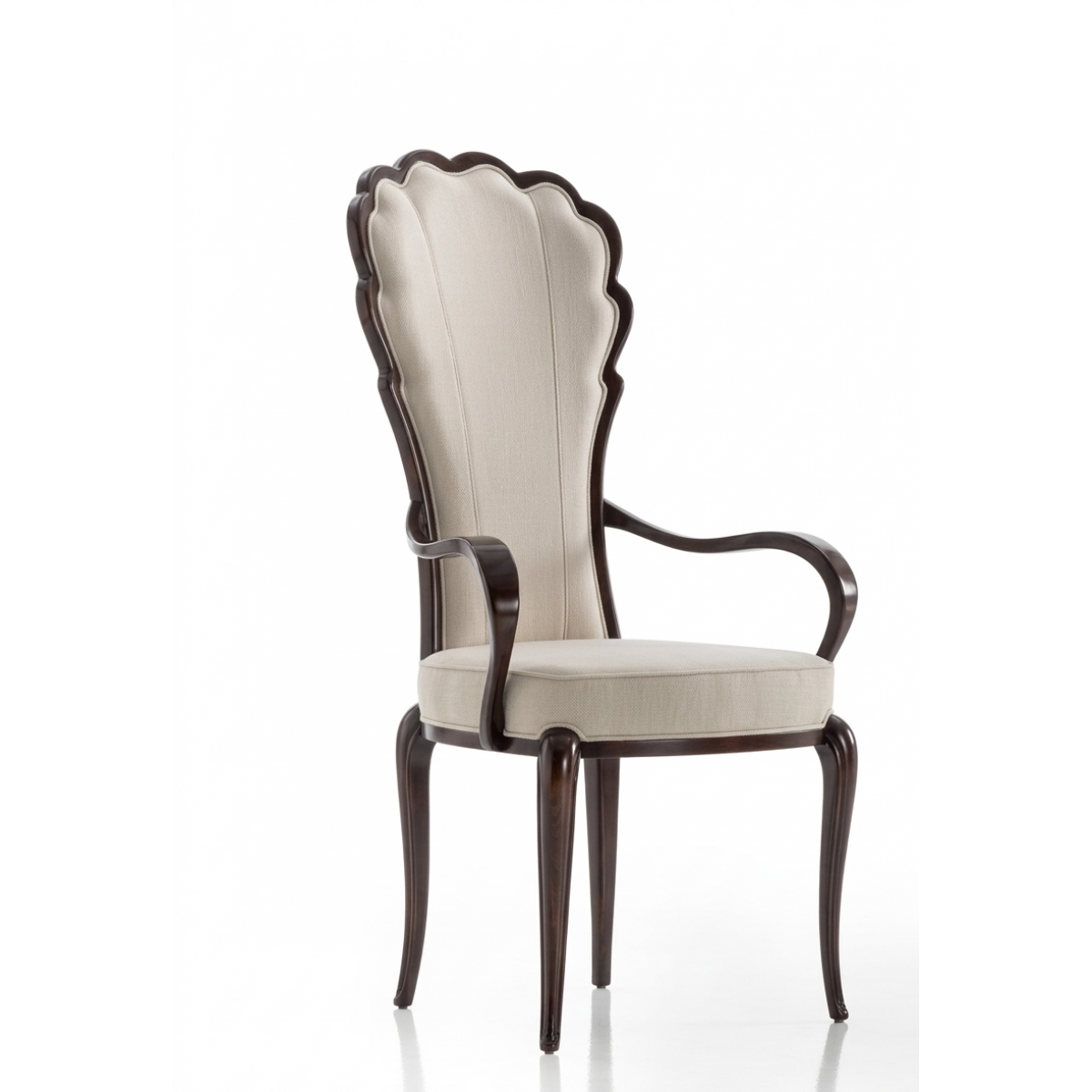 Baroque Scalloped Back Luxury Wooden Dining Armchair in Walnut Finish with Cream Upholstery Front View by Luxury Group International