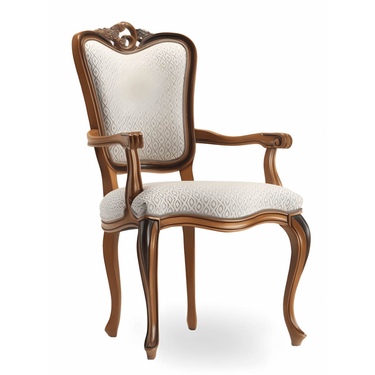 Baroque Wooden Luxury Dining Armchair with Ornate Crest & Patterned Cream Upholstery - Dining Room Furniture Front View by Luxury Group International