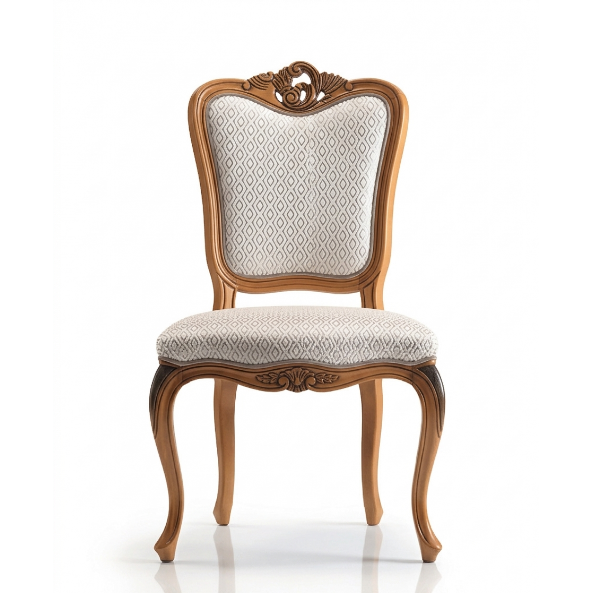 Baroque Wooden Luxury Dining chair with Ornate Crest & Patterned Cream Upholstery - Dining Room Furniture Front View by Luxury Group International
