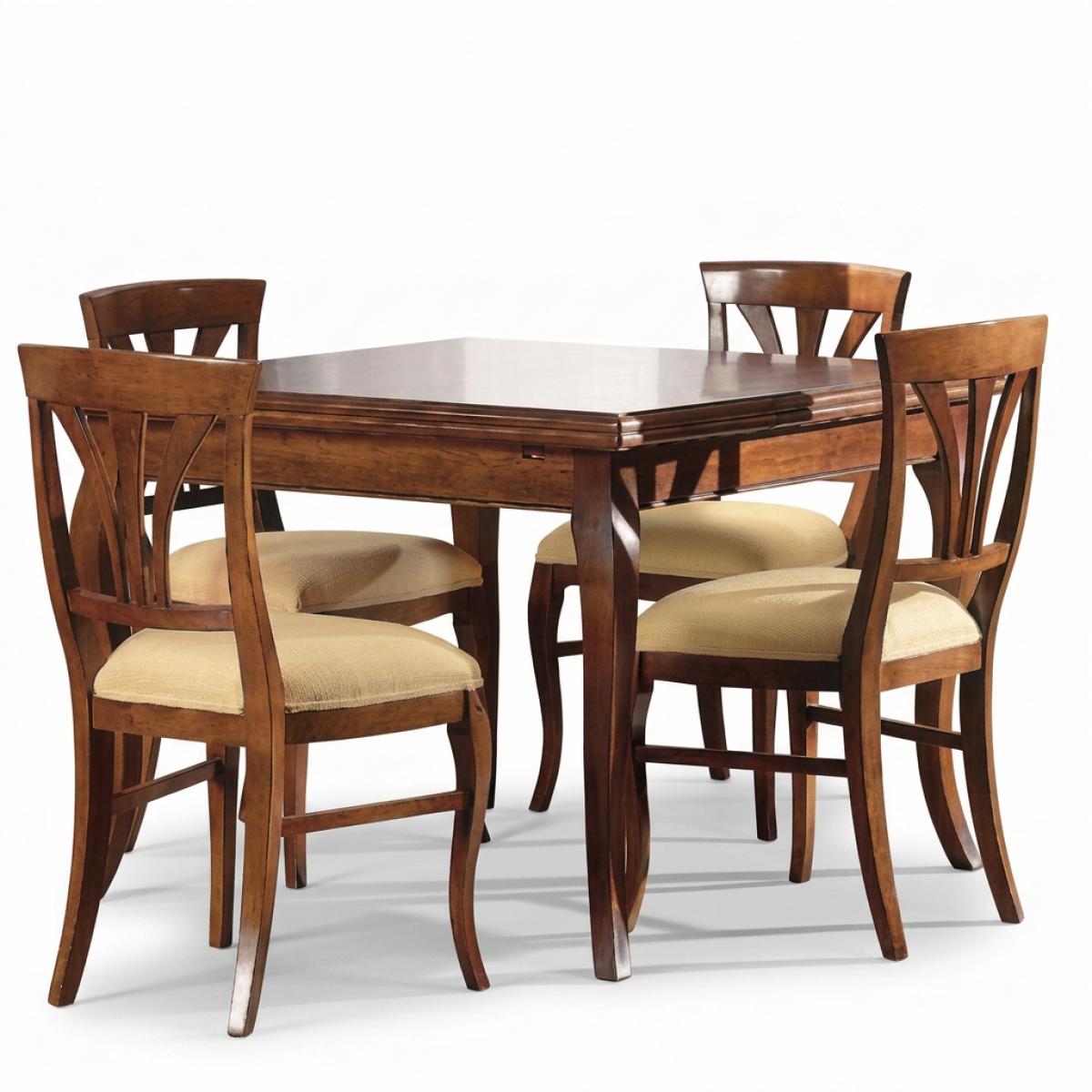 Barockes Luxus-Esszimmer-Set aus Holz Nussbaum/Beige — 1 quadratischer Tisch & 4 Esszimmerstühle - Barockes Esszimmer-Set Vorderansicht von Luxury Group International