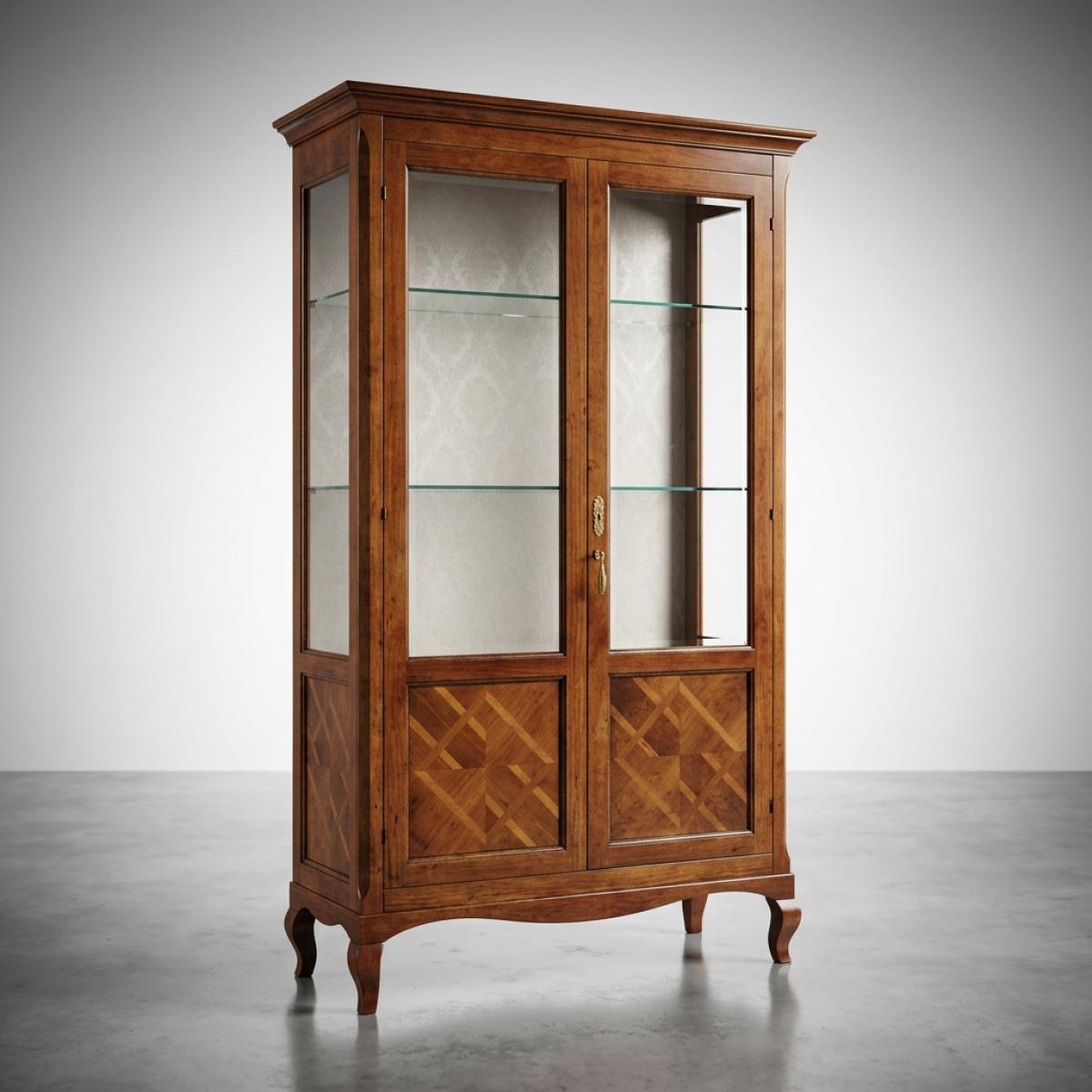 Barockes Luxus-Vitrinenschrank aus Holz mit Glastüren & geometrischem Intarsien-Sockel – Barockmöbel Vorderansicht von Luxury Group International