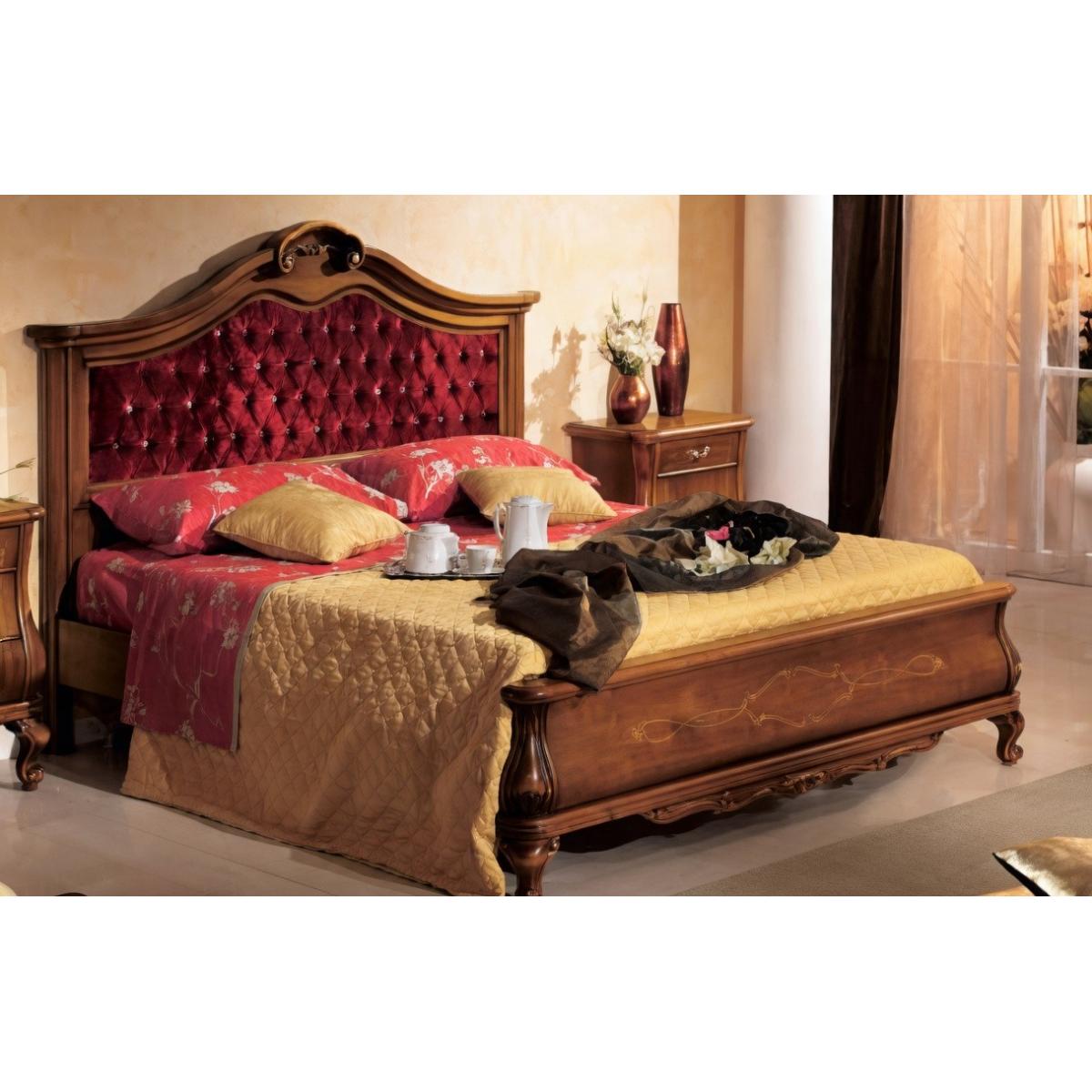 Baroque Wooden Luxury Double Bed with Crimson Red Velvet with Crystal-Tufted Headboard & Gold Inlay Footboard Front View by Luxury Group International