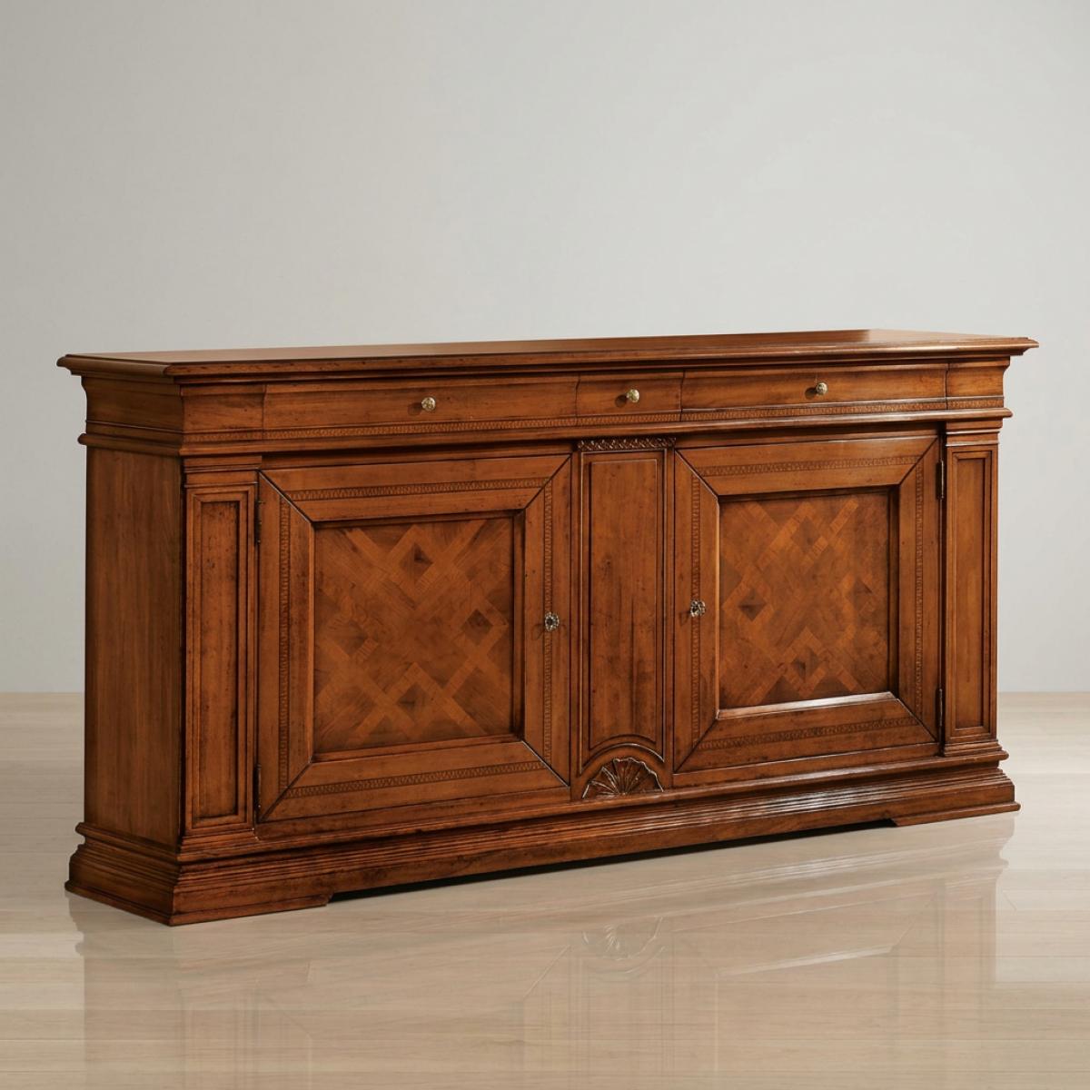 Barockes Luxus-Sideboard aus Holz mit geometrischen Intarsientüren & vielschichtigem Schubladensystem – Barockmöbel Vorderansicht von Luxury Group International