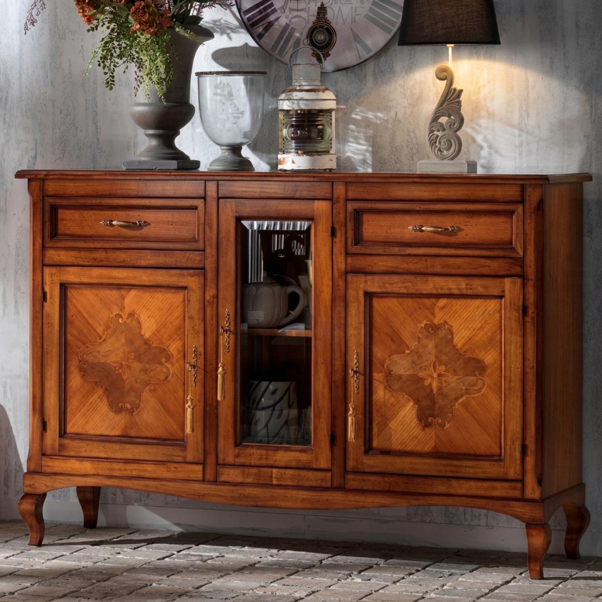 Baroque Wooden Luxury Sideboard with Glass Center Cabinet & Decorative Inlay Storage Panels - Baroque Furniture Front View by Luxury Group International