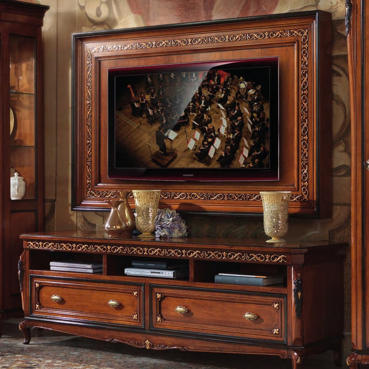 Barockes Holz Luxus Fernsehmöbel mit offenem Medienregal & Schubladen – Barockmöbel Vorderansicht von Luxury Group International