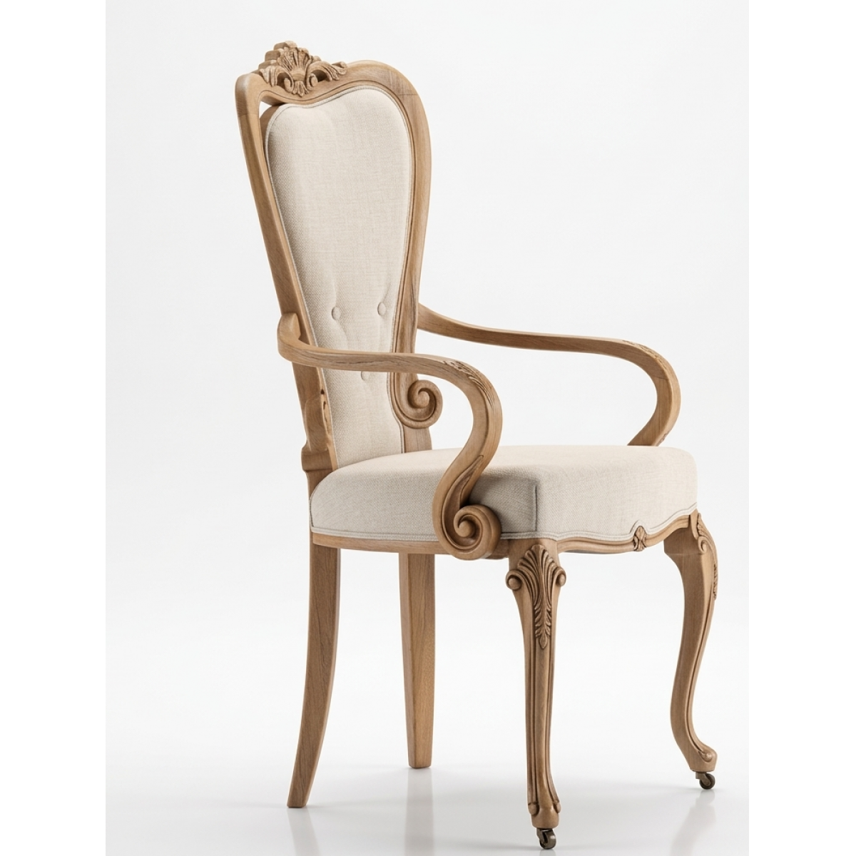 Baroque Wooden Luxury Upholstered Dining Armchair with Cream Fabric & Scroll Arms - Dining Room Furniture Front View by Luxury Group International