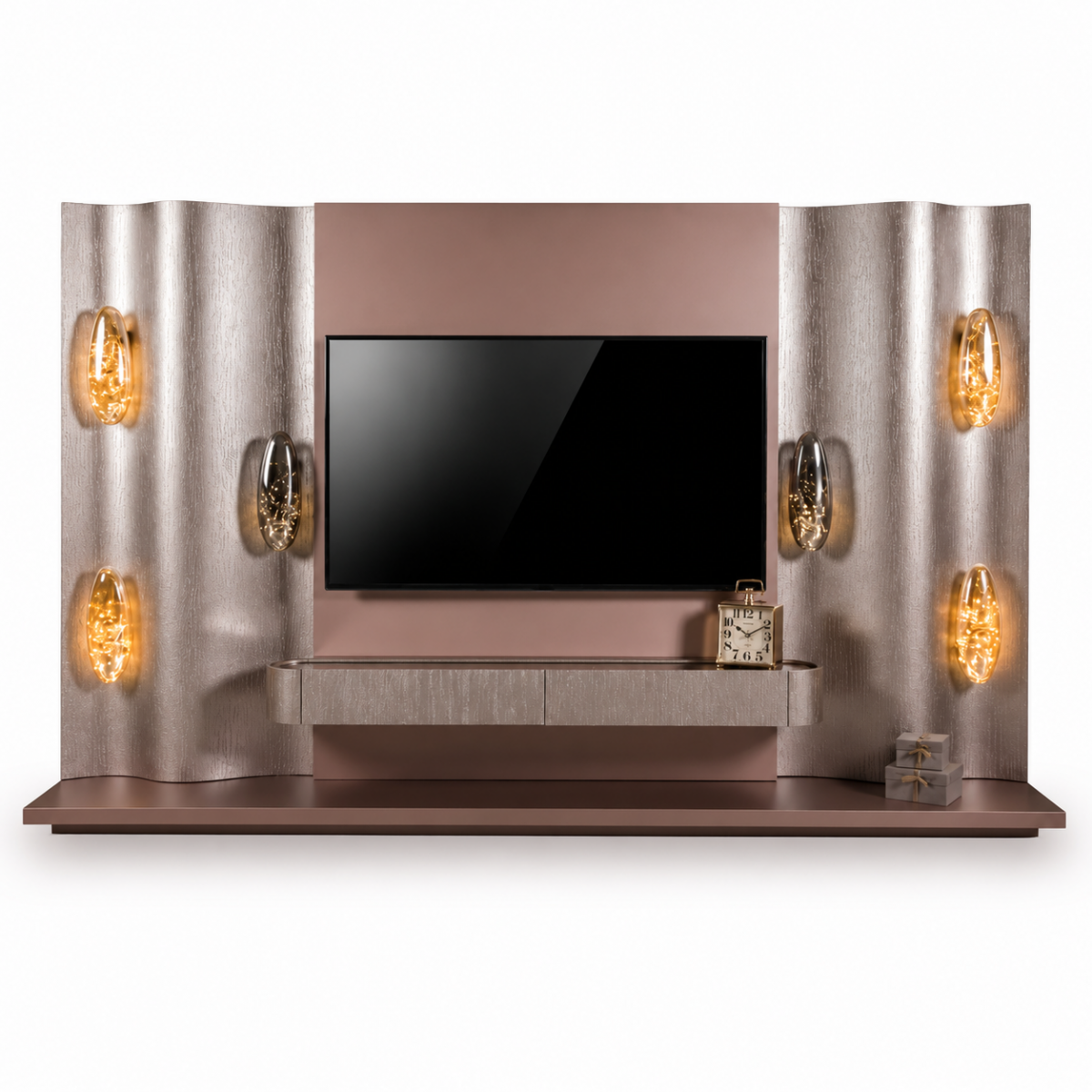 Meuble TV de luxe beige marron à panneaux ondulés avec éclairage ambre intégré par Luxury Group International