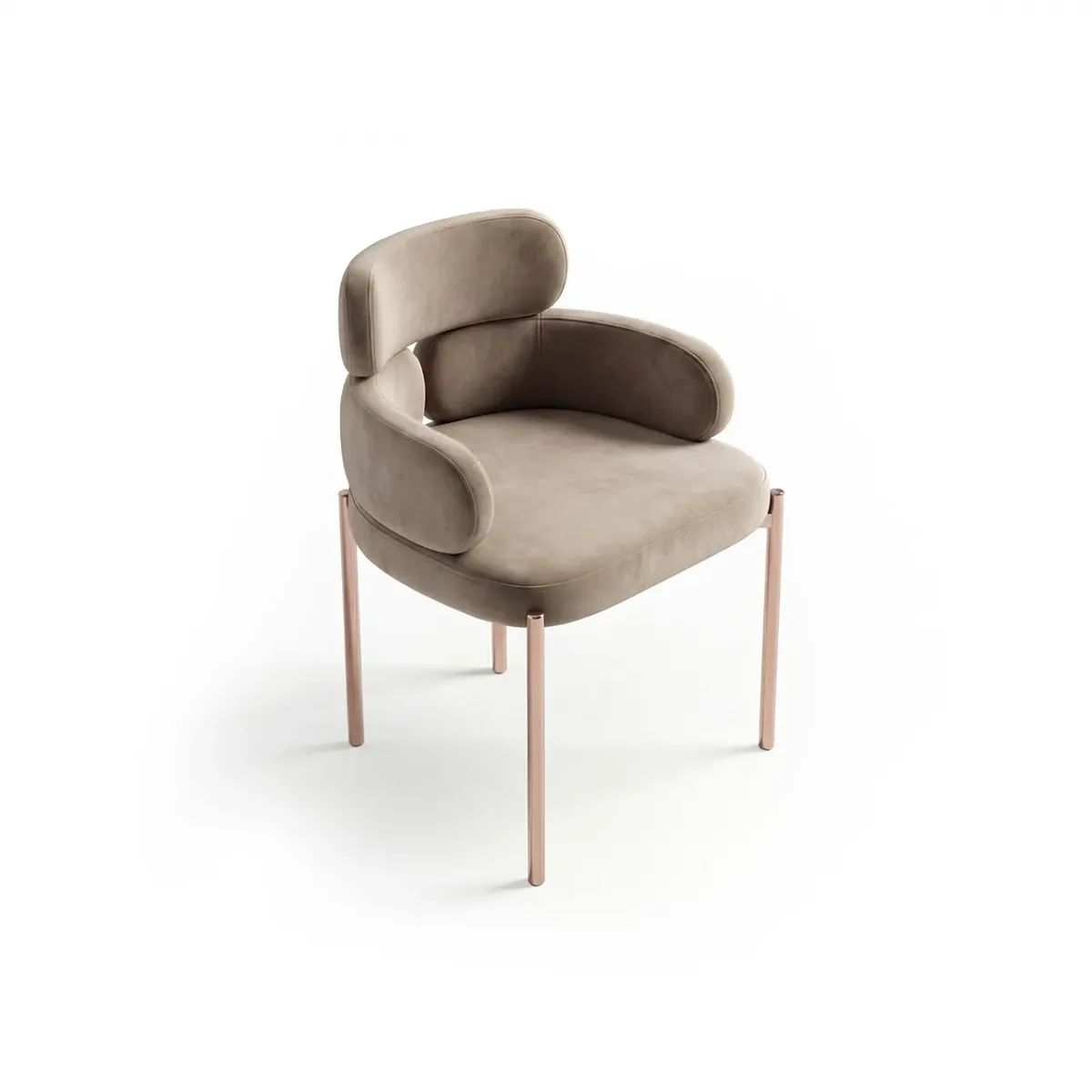 Beige upholstered luxury modern dining chair in matte fabric with curved barrel back by Luxury Group International
