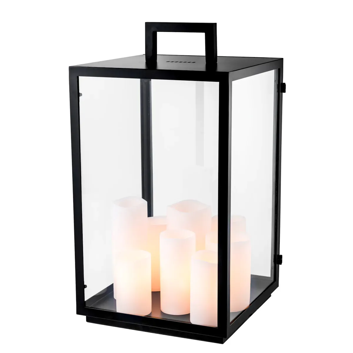 Black Frame Lantern Luxury Table Lamp in Clear Glass Box with 8 Faux Candles by Luxury Group International