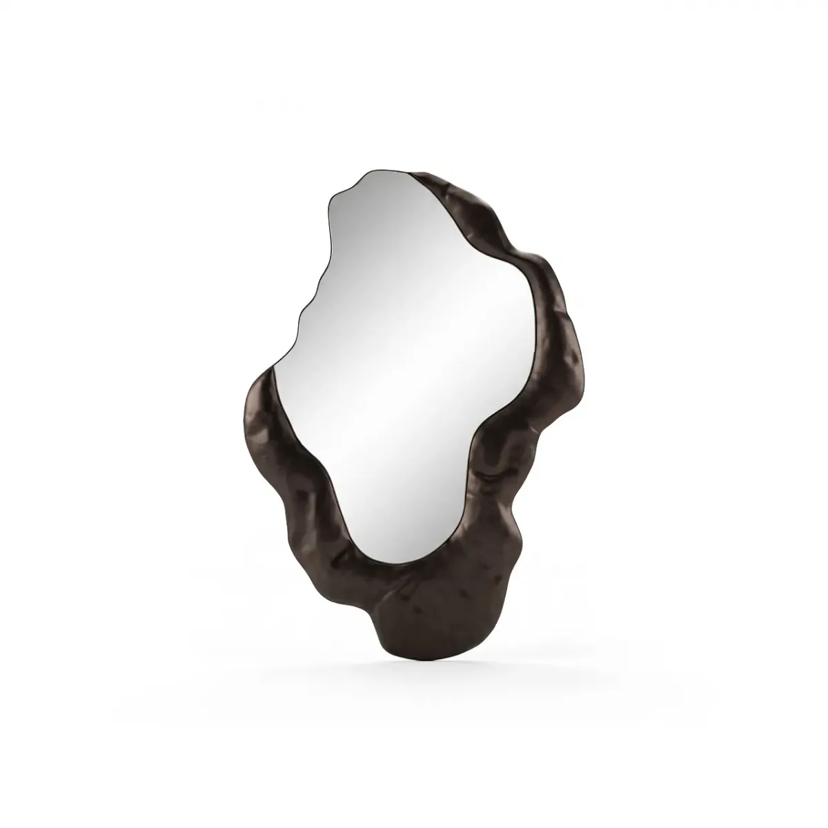 Black Irregular Metal Frame Sculptural Wavy Modern Mirror in Walnut Wood by Luxury Group International