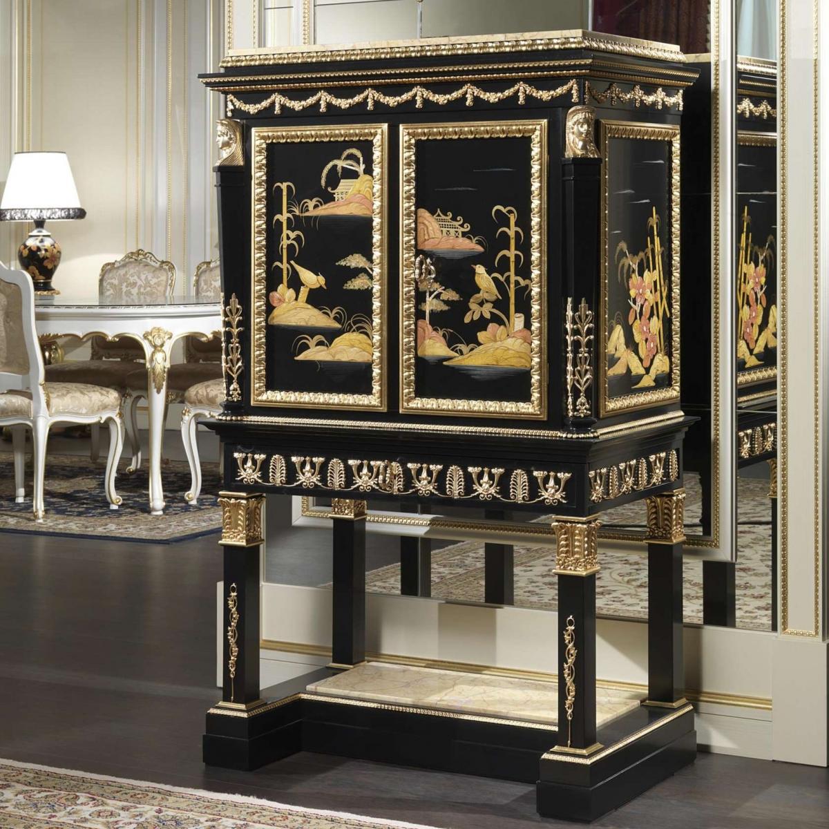 Black Lacquered Baroque Luxury Cabinet with Ornate Gold Leaf Details & Cream Marble Top - Royal Furniture Front View by Luxury Group International