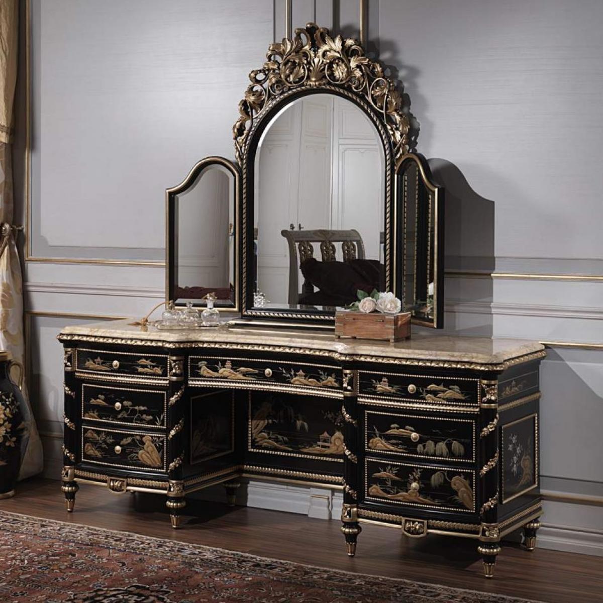 Black Lacquered Baroque Luxury Dressing Table - Ornate Gold Leaf Details with Multi Drawer Storage Front View by Luxury Group International