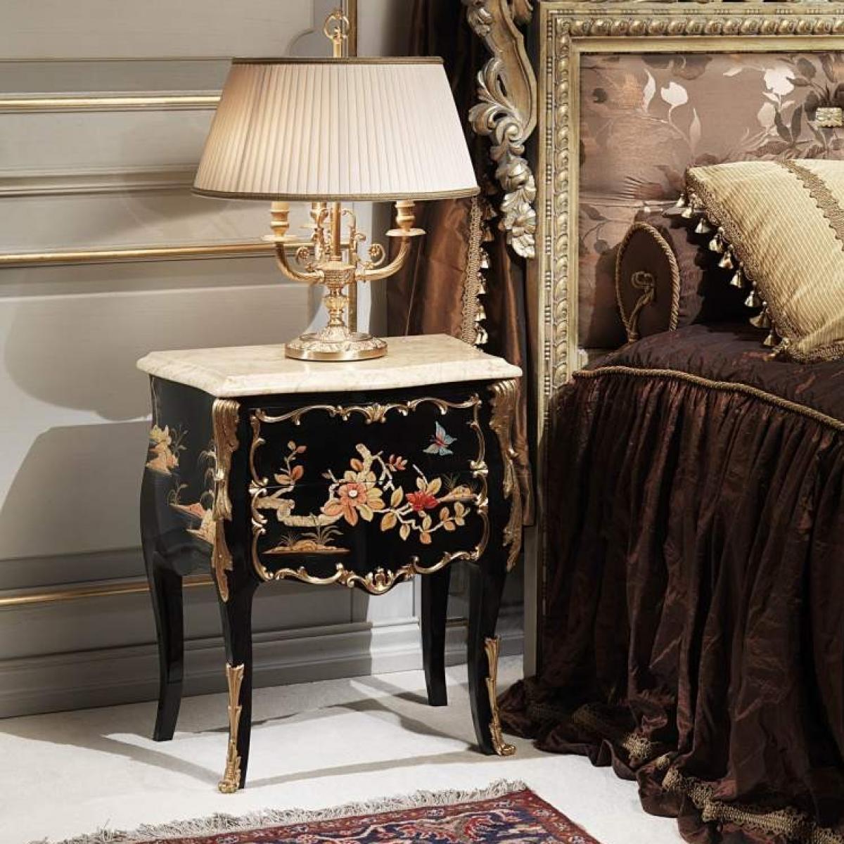 Black Lacquered Baroque Luxury Nightstand with Ornate Gold Leaf Details & Cream Marble Top - Royal Furniture Front View by Luxury Group International