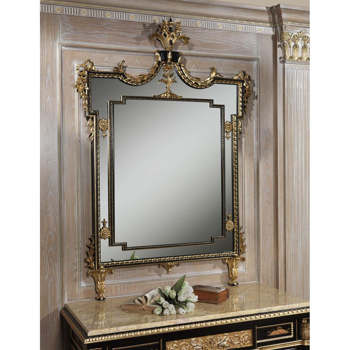 Black Lacquered Chinoiserie Luxury Mirror with Gold Leaf & Baroque Frame - Royal Furniture Front View by Luxury Group International