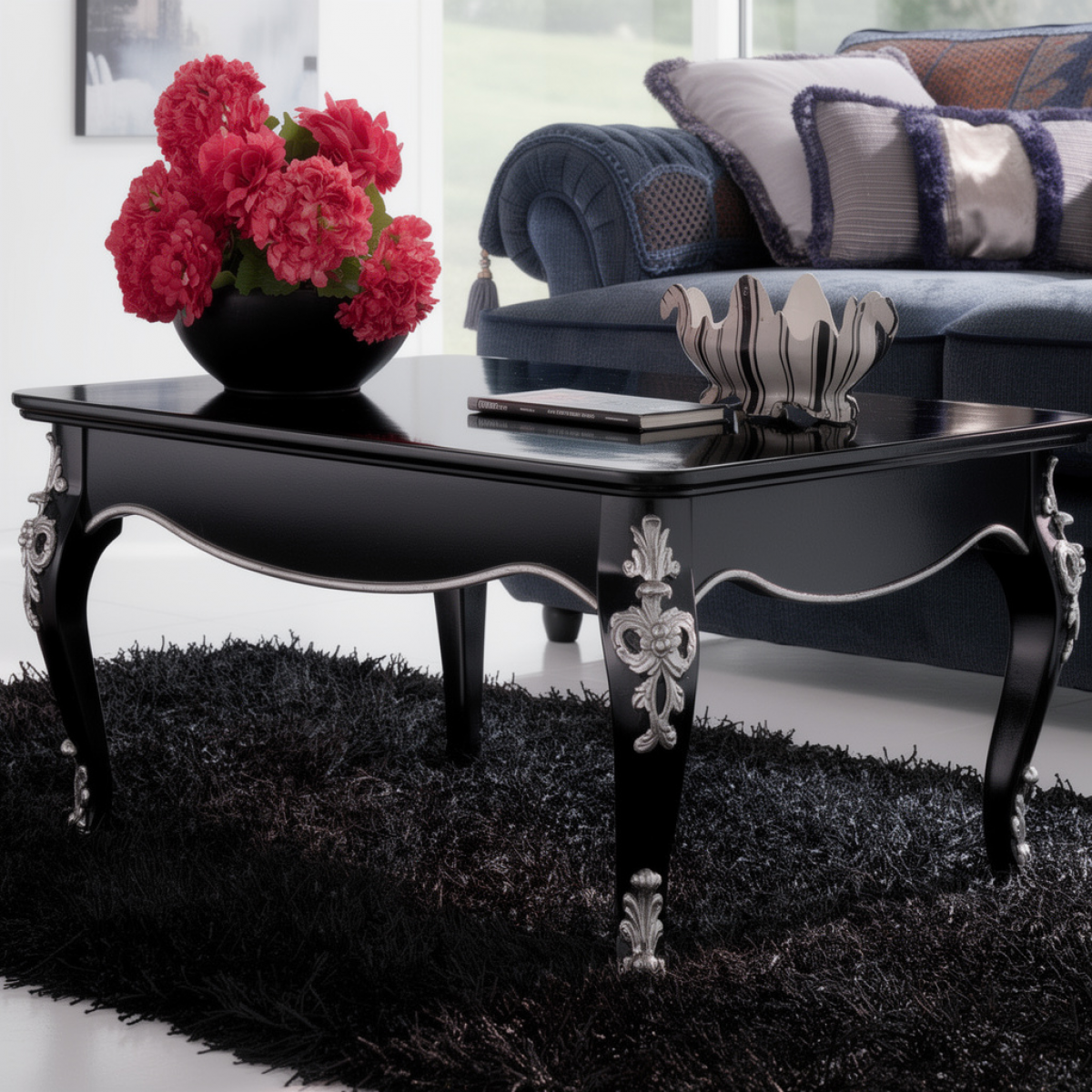 Black Lacquered Luxury Baroque Coffee Table with Silver Leaf Carved Leg - Luxury Living Room Furniture Front View by Luxury Group International