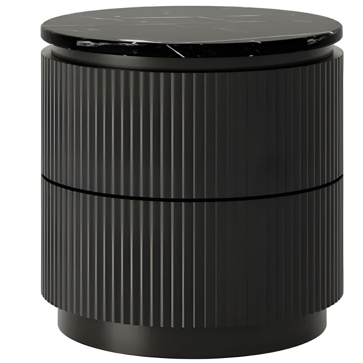 Black Marble Top Round Nightstand with Ribbed Design and Luxury Storage Drawers by Luxury Group International