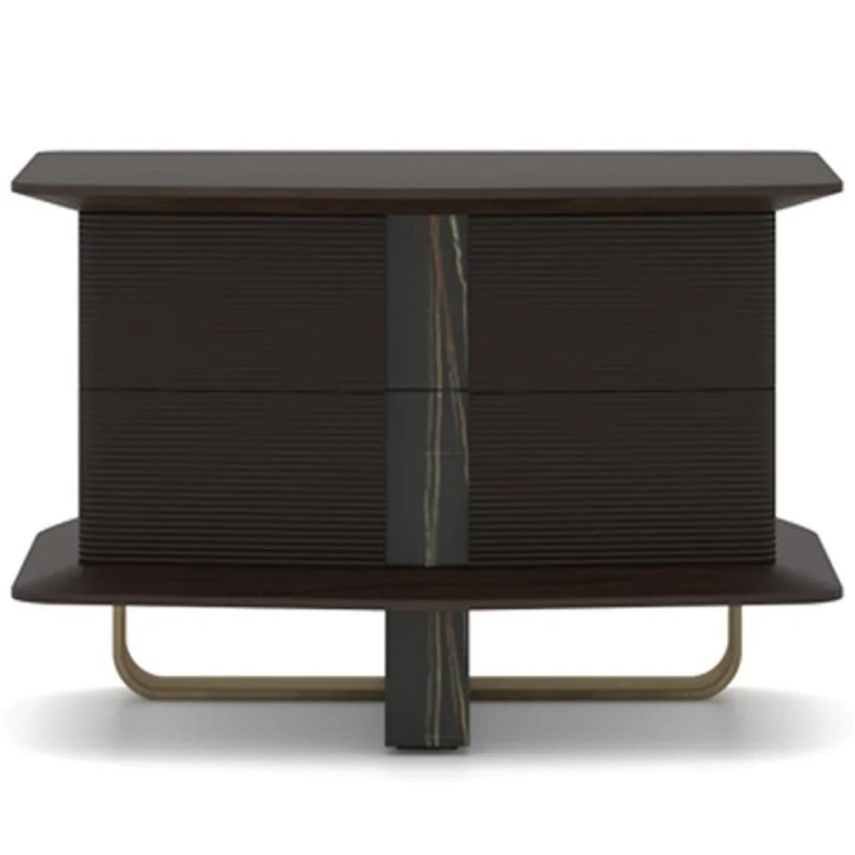 Black Oak Veneer Finish Marble Accent Antique Brass Base Luxury Nightstand-Bedside Table Front View by Luxury Group International