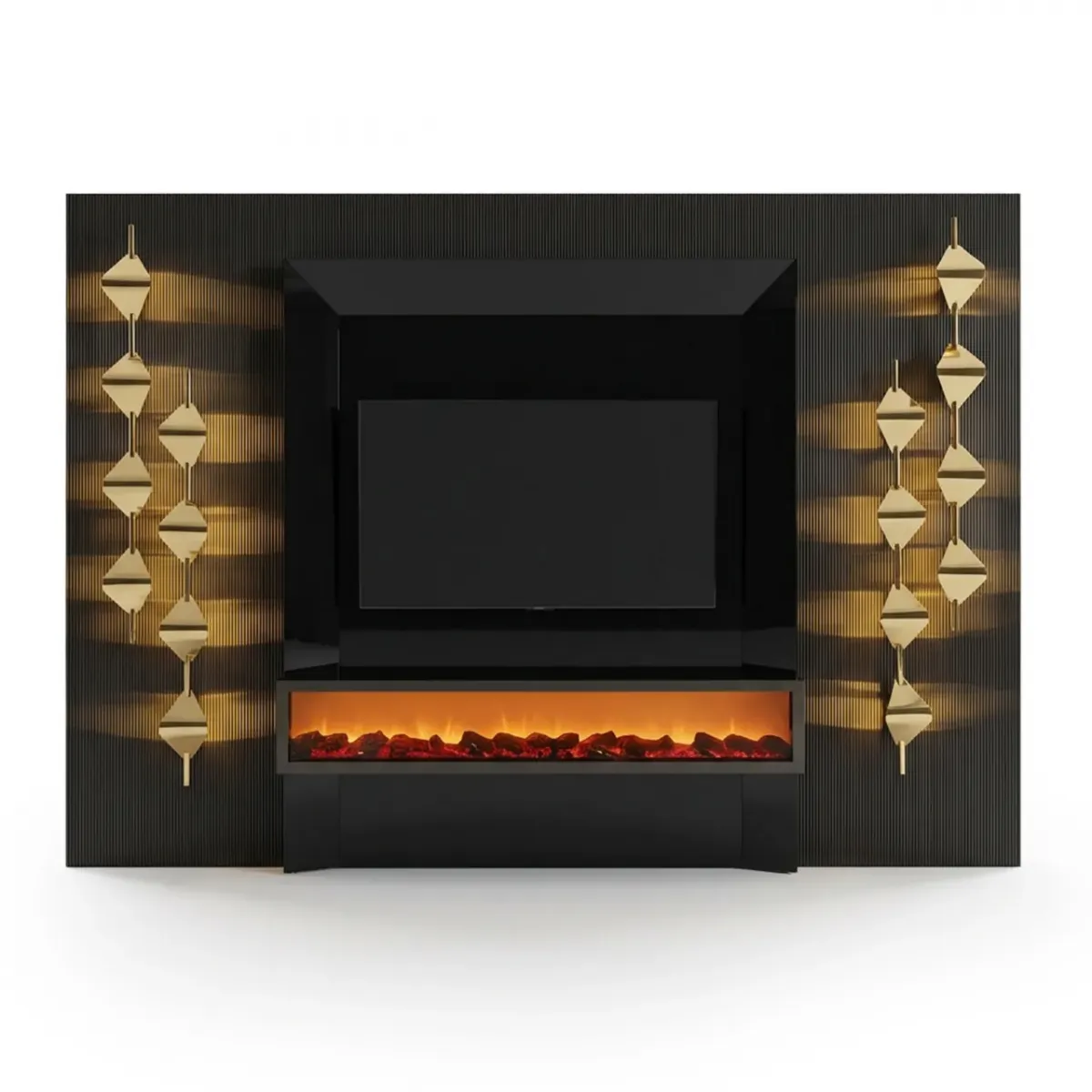 Meuble TV de luxe noir à design côtelé avec cheminée intégrée et panneaux d'accent dorés par Luxury Group International