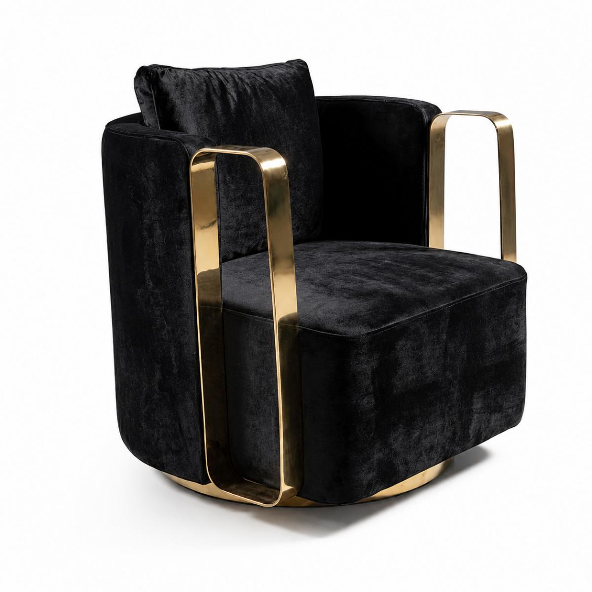 Sillón Tapizado en Terciopelo Negro con Detalles Dorados por Luxury Group International