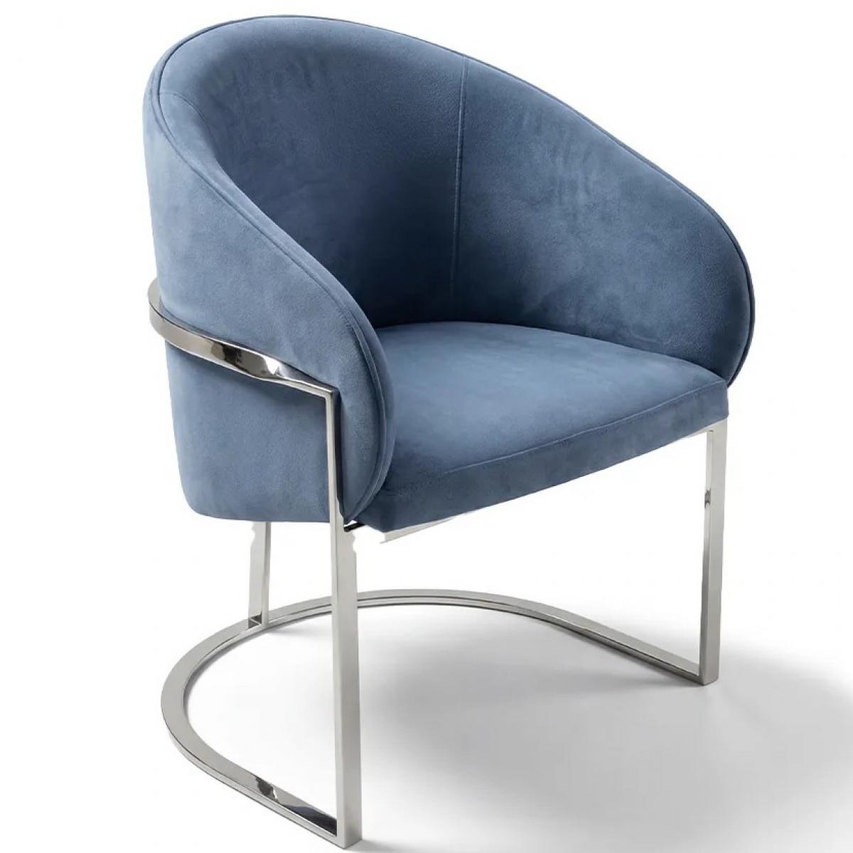 Blue Velvet Upholstered Silver Frame Premium Modern Dining Chair Rounded Barrel Back by Luxury Group International