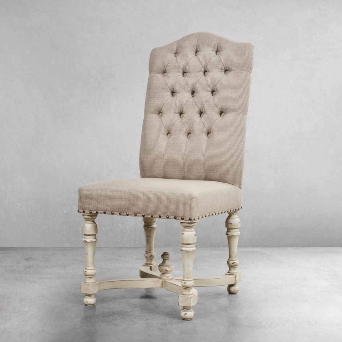 Button-Tufted Baroque Luxury Dining Chair with Cream Fabric Upholstery - Dining Room Furniture Front View by Luxury Group International