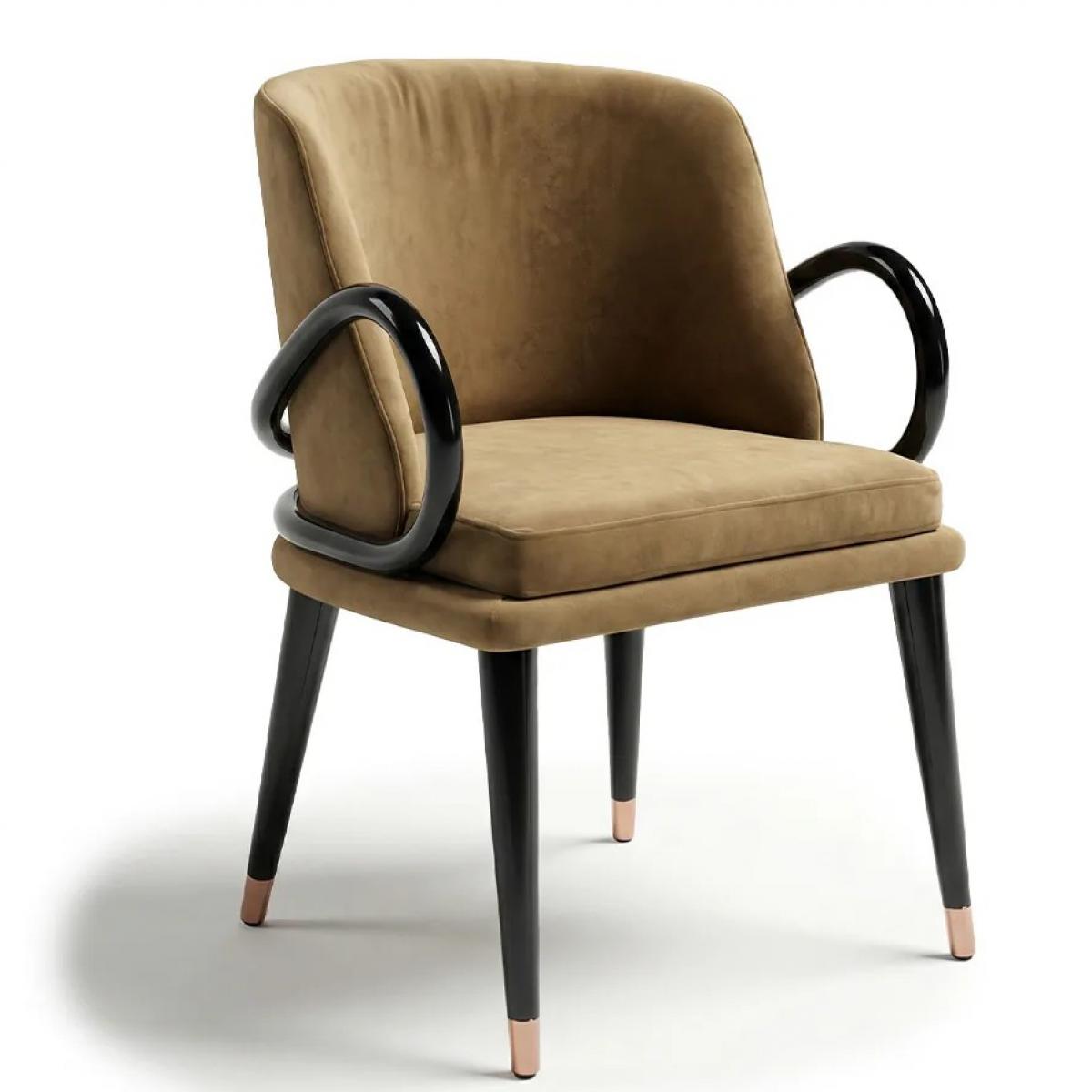 Chaise de salle à manger moderne de luxe en velours camel avec structure en métal noir par Luxury Group International