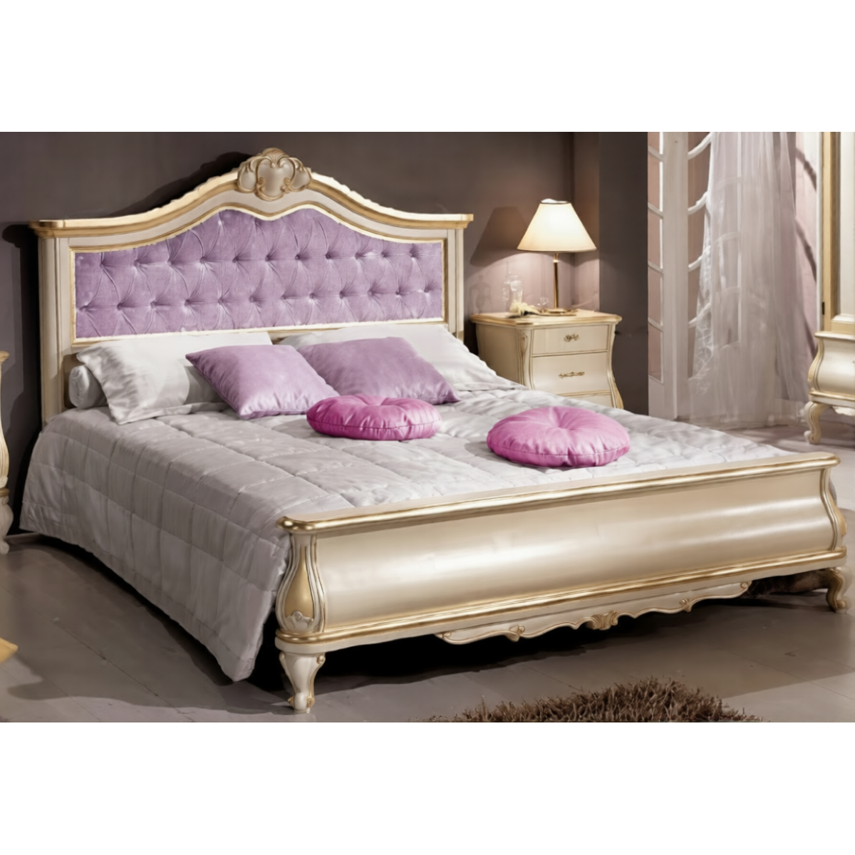 Champagne Baroque Luxury Double Bed with Lilac Velvet Button-Tufted Headboard & Gold Edge Carved Frame Front View by Luxury Group International