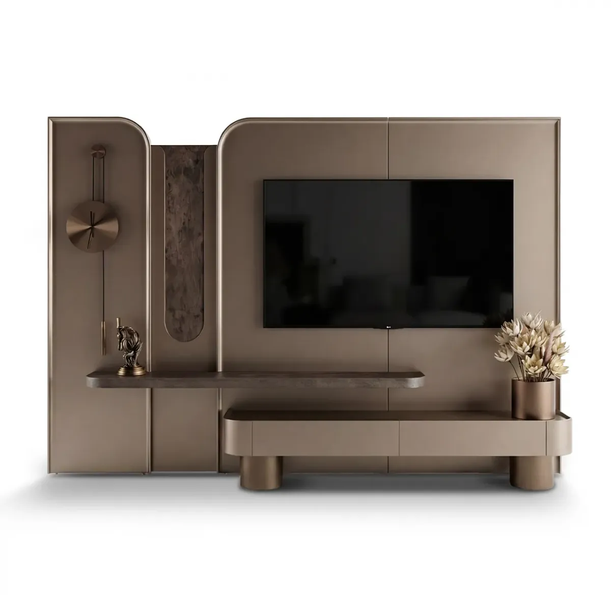 Meuble TV Moderne de Luxe Beige Champagne avec Panneau Mural Décoratif & Vase à Fleurs par Luxury Group International