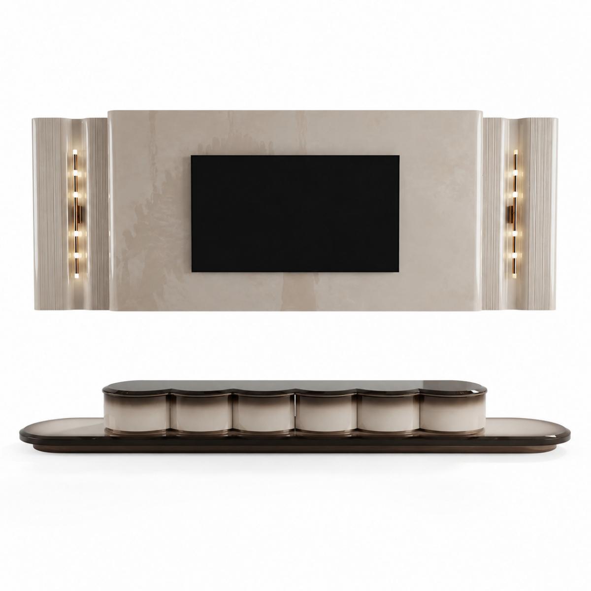 Champagne Cream & Dark Walnut Brown Luxury Modern Wooden TV unit by Luxury Group International