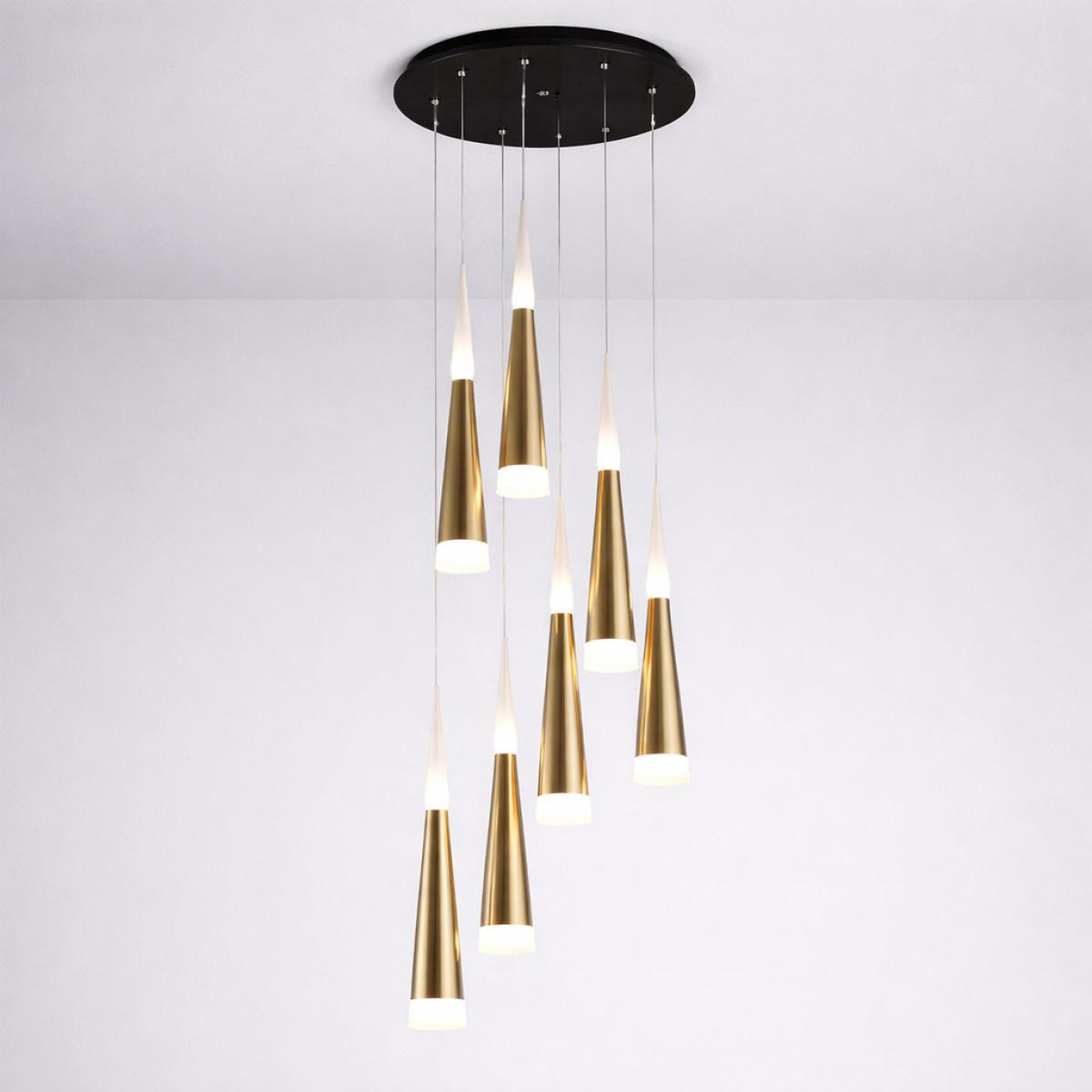 Moderne Cone Long Tube Hängende LED Multi-Licht Pendelleuchte mit Satin-Gold-Finish von Luxury Group International