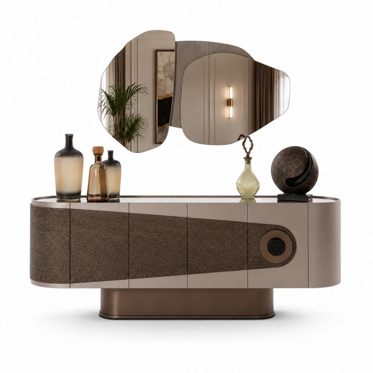 Cream & Brown Luxury Modern wooden Sideboard Cabinet With Wall Mounted Mirror by Luxury Group International