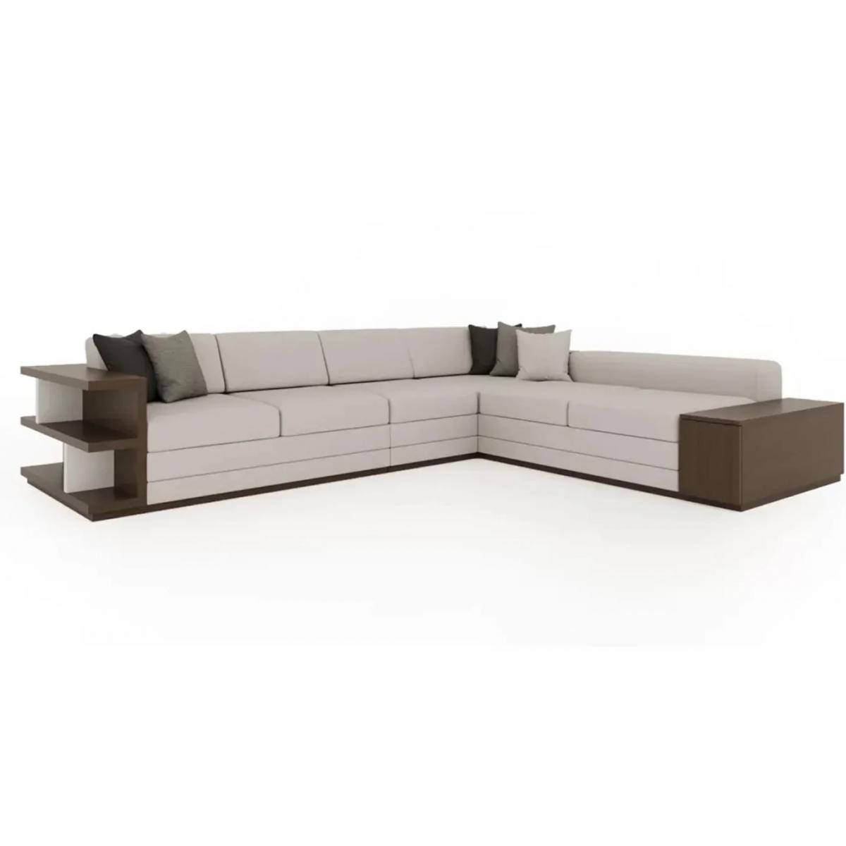 Cream Modern Sectional Luxury Sofa with Brown Wooden Shelves and L-Shape Design-Luxury Sofa Front View by Luxury Group International